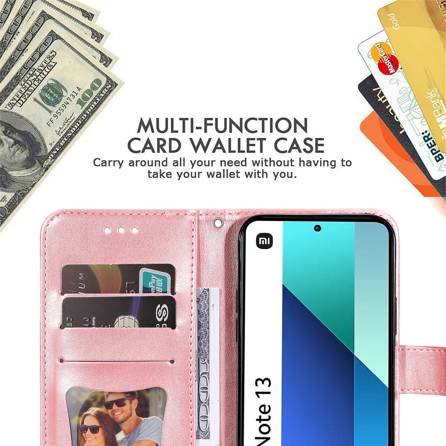 For Xiaomi Redmi Note 13 4G Cover Imprinted PU Leather Flip Stand Phone Case - Pink