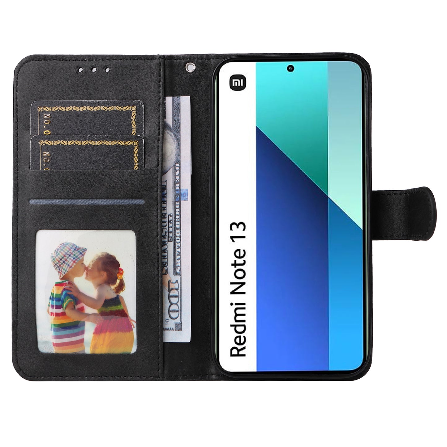 For Xiaomi Redmi Note 13 4G Case PU Leather Cover with Wallet Card Slots - Black