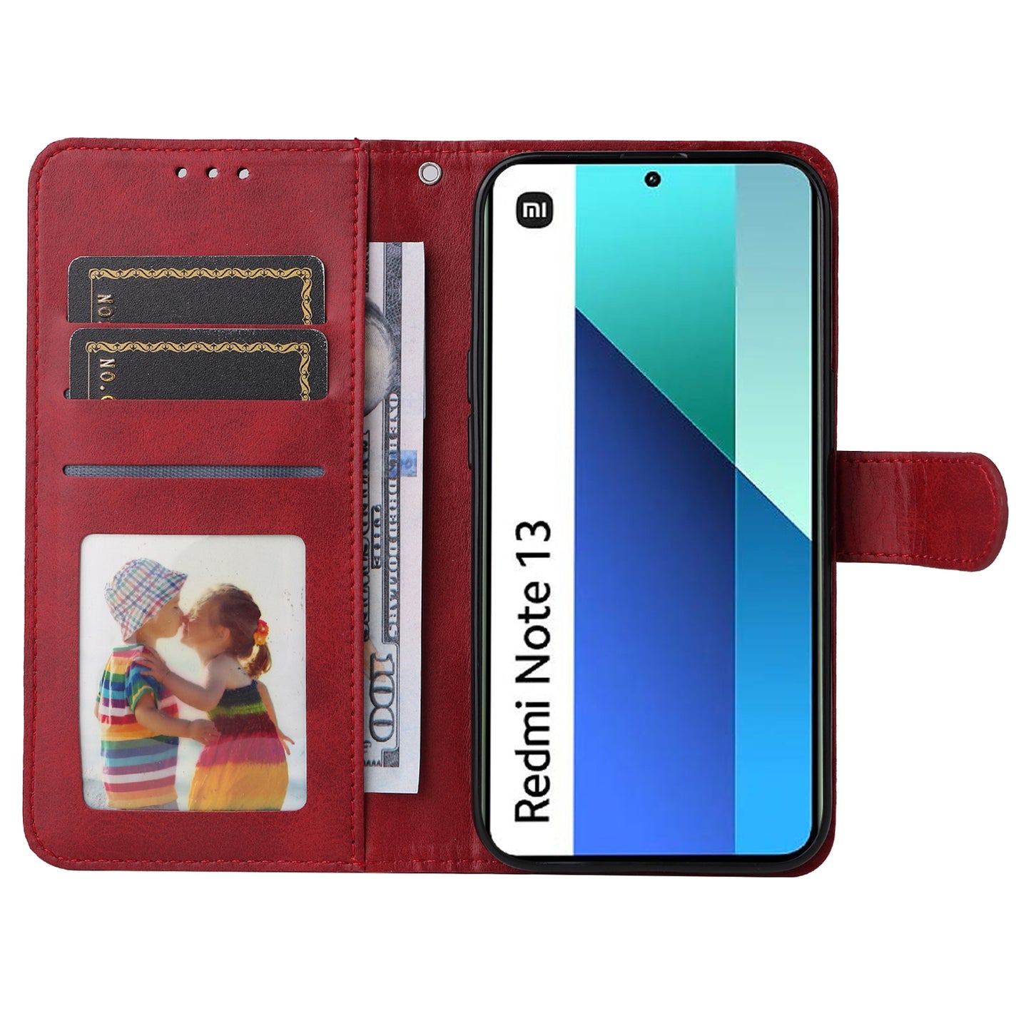 For Xiaomi Redmi Note 13 4G Case PU Leather Cover with Wallet Card Slots - Red