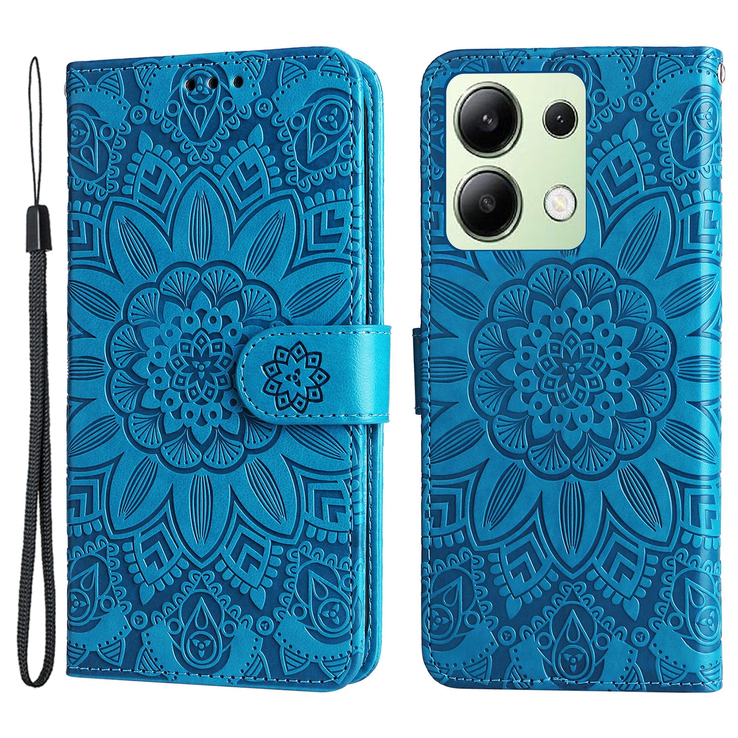For Xiaomi Redmi Note 13 4G Case Wallet Imprinted Phone Cover with Hand Strap - Blue