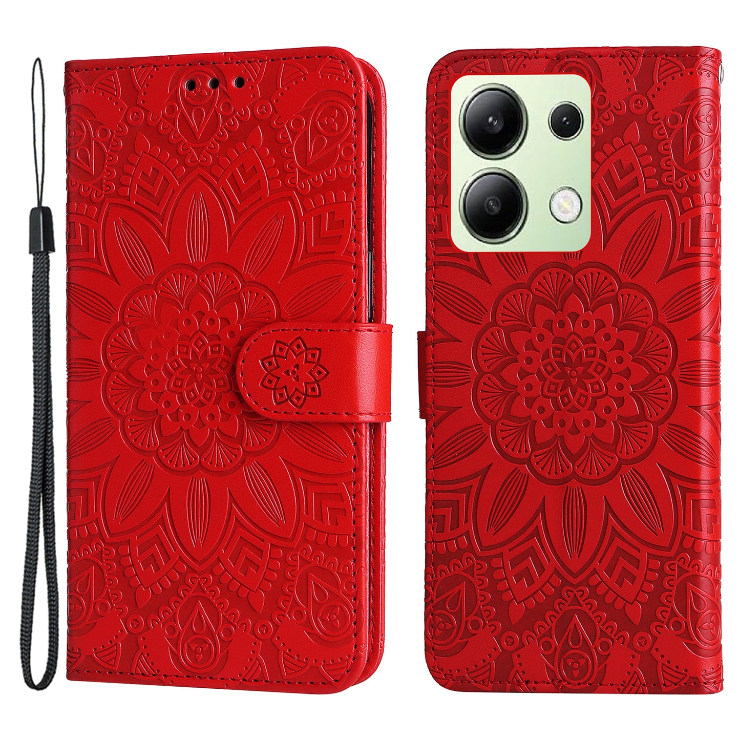 For Xiaomi Redmi Note 13 4G Case Wallet Imprinted Phone Cover with Hand Strap - Red