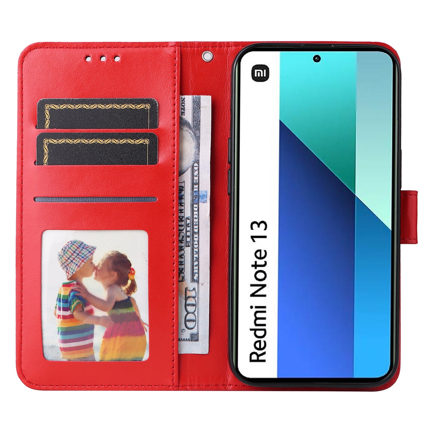 For Xiaomi Redmi Note 13 4G Case Wallet Imprinted Phone Cover with Hand Strap - Red