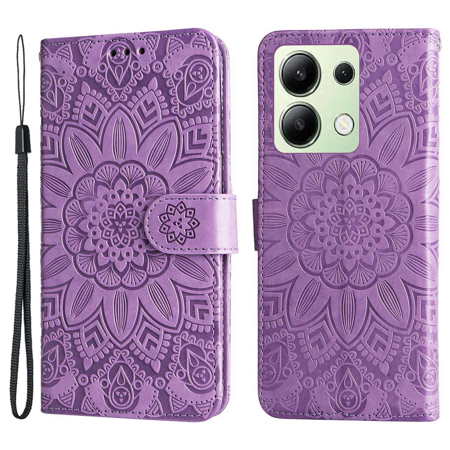 For Xiaomi Redmi Note 13 4G Case Wallet Imprinted Phone Cover with Hand Strap - Purple