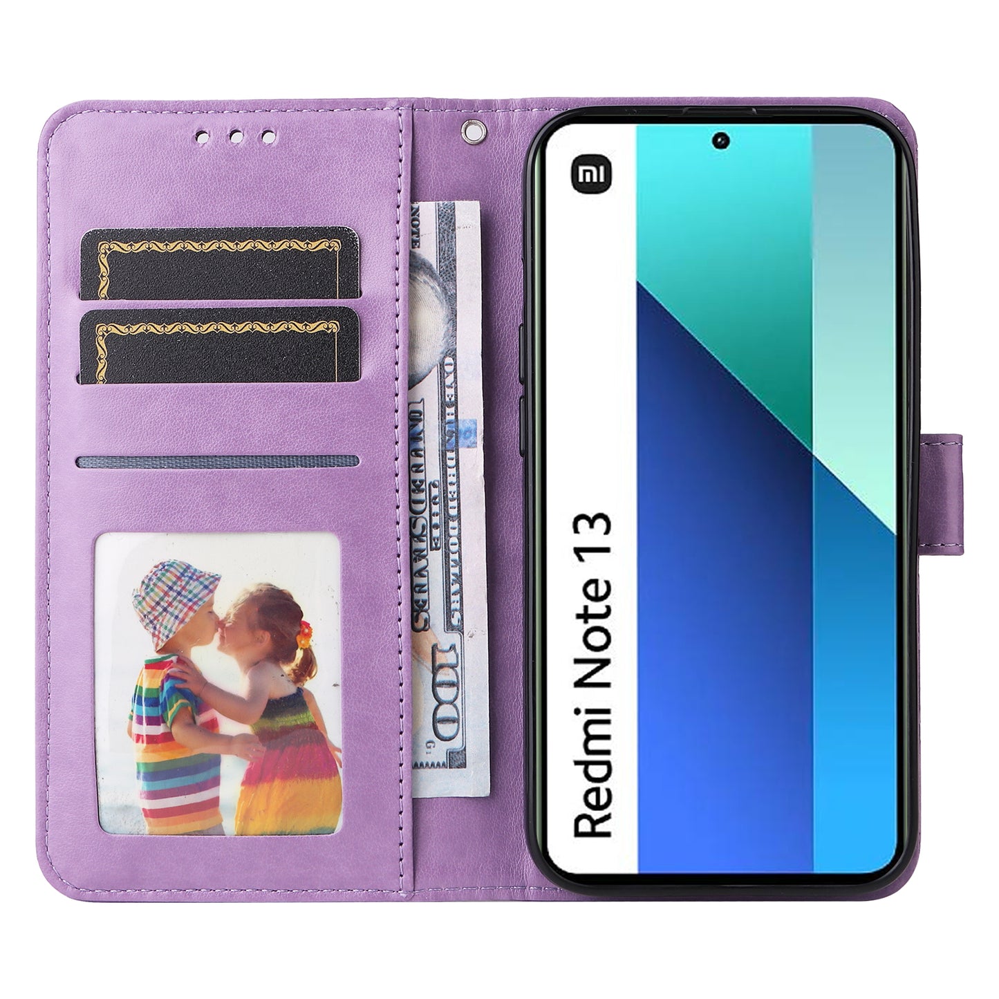 For Xiaomi Redmi Note 13 4G Case Wallet Imprinted Phone Cover with Hand Strap - Purple