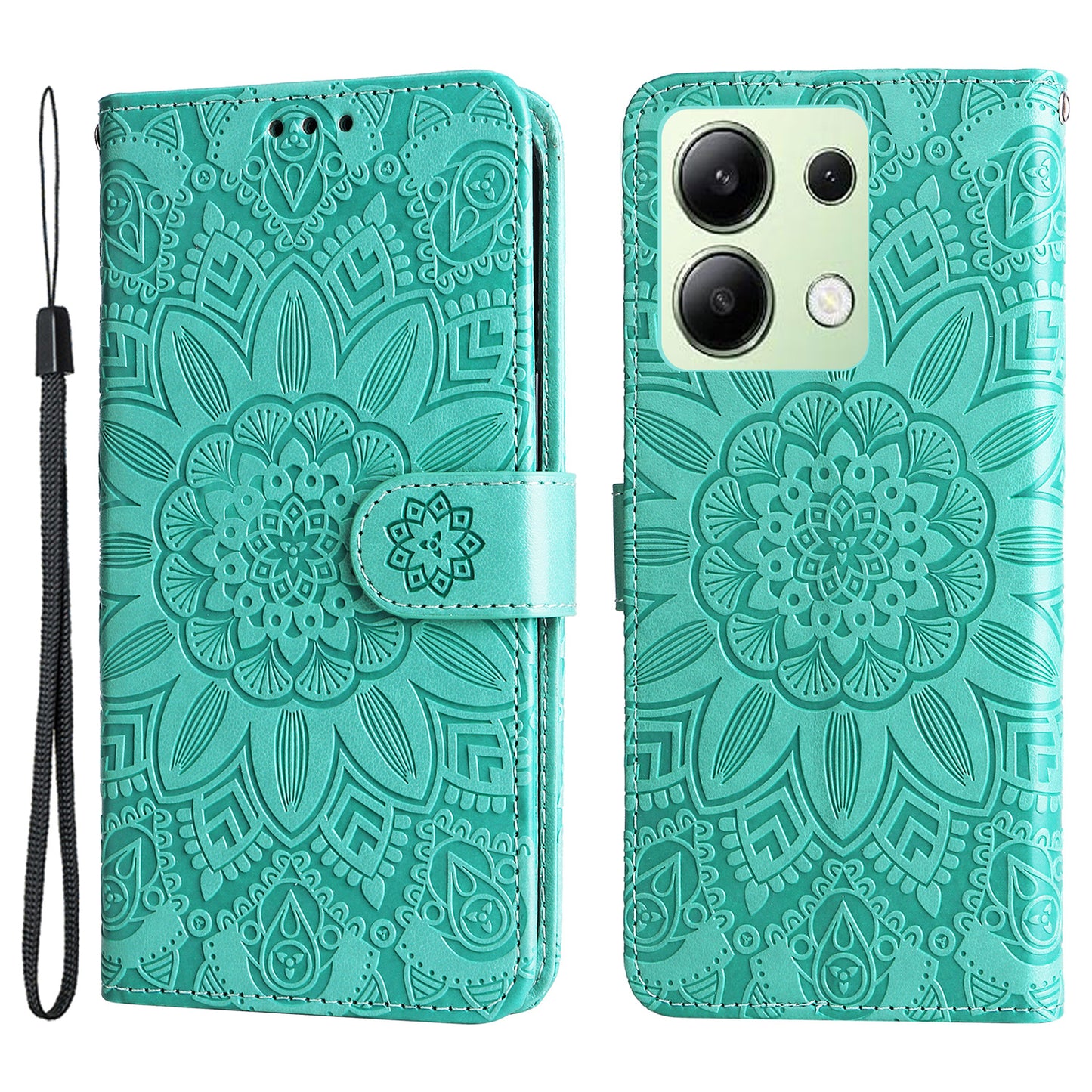 For Xiaomi Redmi Note 13 4G Case Wallet Imprinted Phone Cover with Hand Strap - Green
