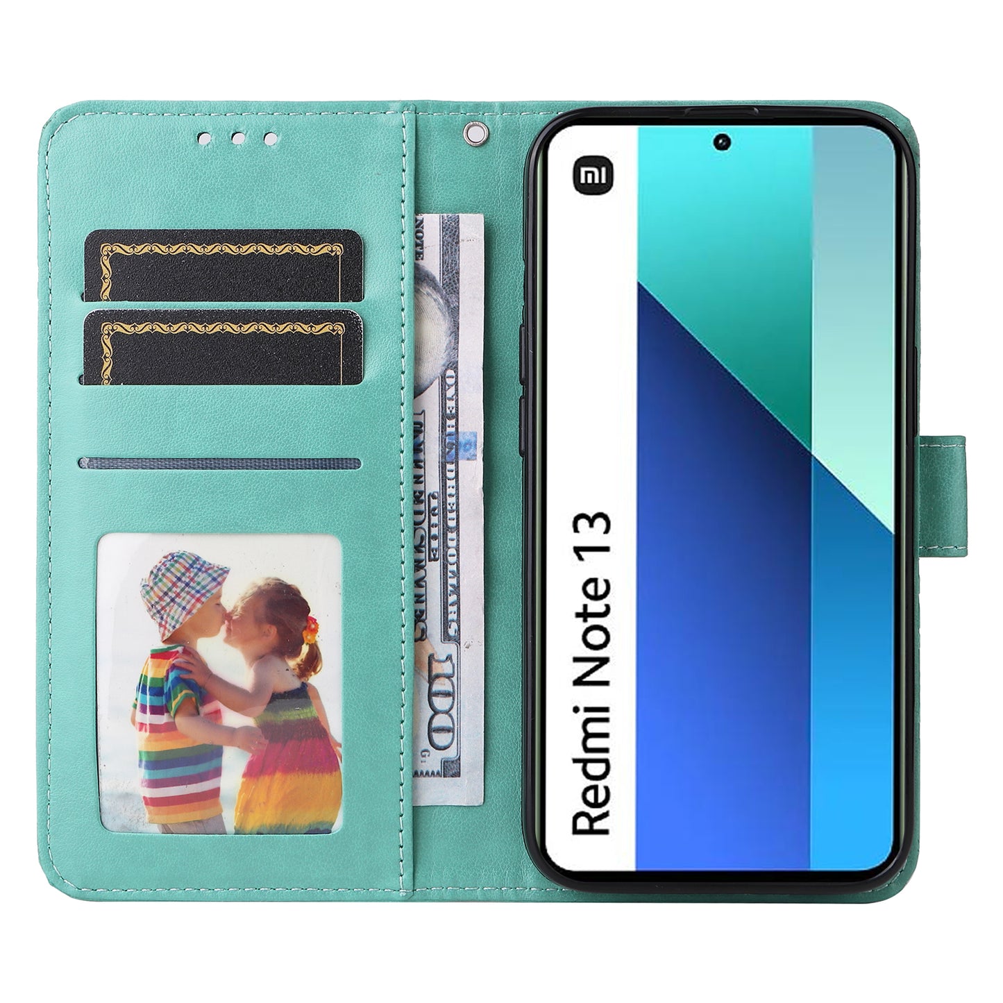 For Xiaomi Redmi Note 13 4G Case Wallet Imprinted Phone Cover with Hand Strap - Green