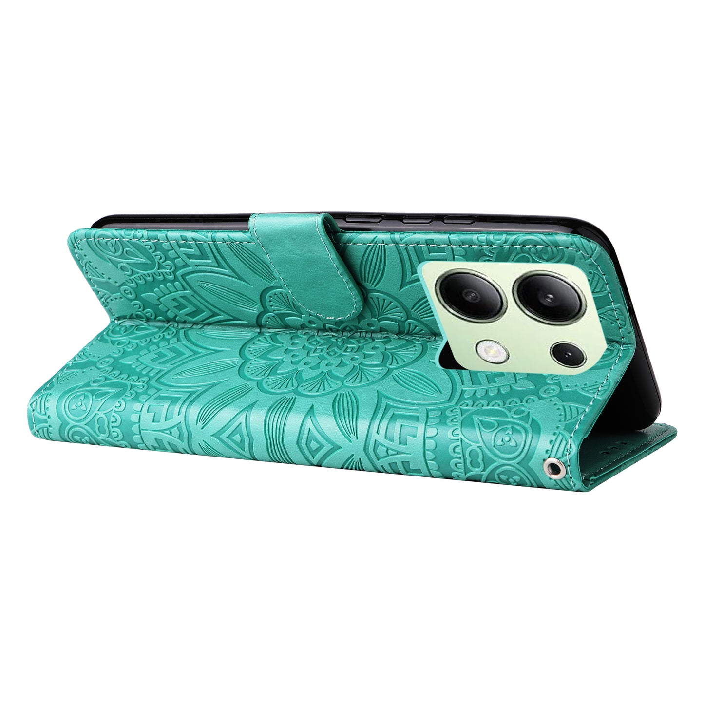 For Xiaomi Redmi Note 13 4G Case Wallet Imprinted Phone Cover with Hand Strap - Green