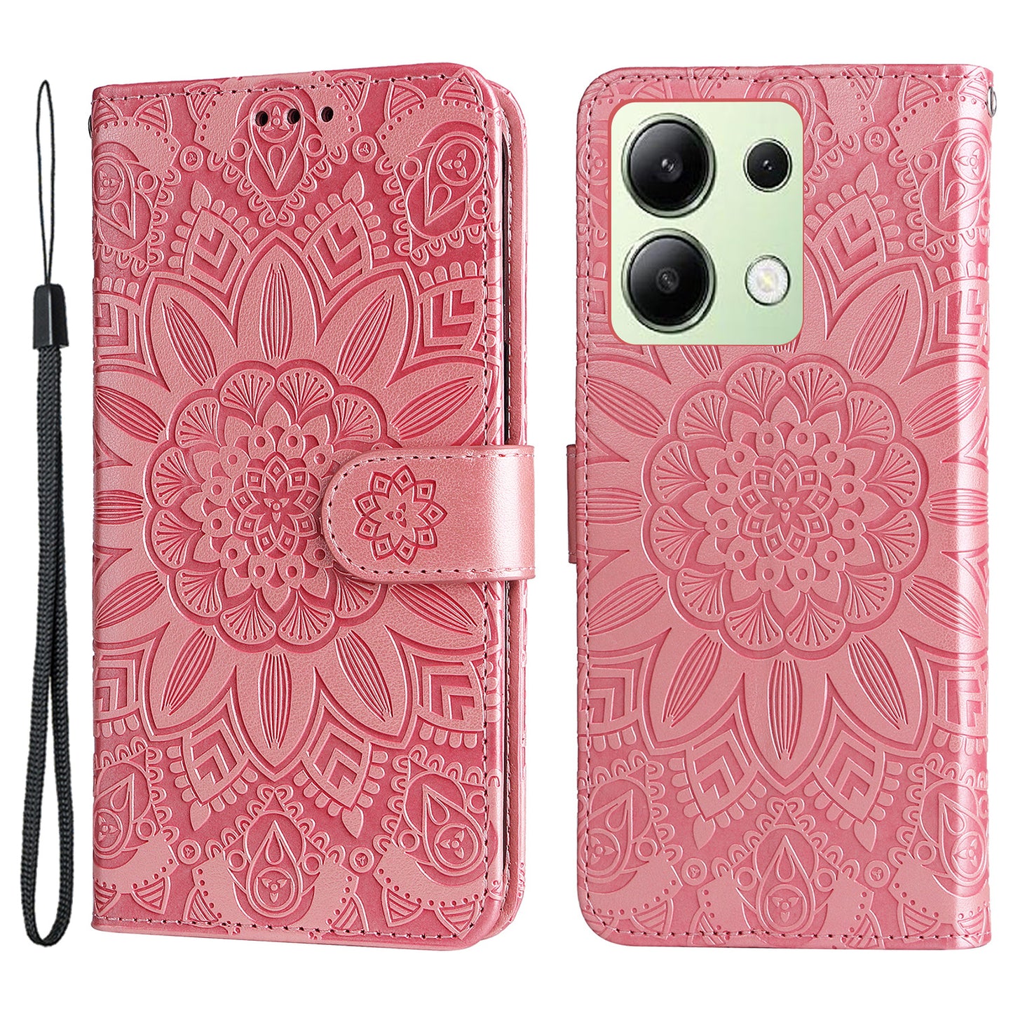 For Xiaomi Redmi Note 13 4G Case Wallet Imprinted Phone Cover with Hand Strap - Pink