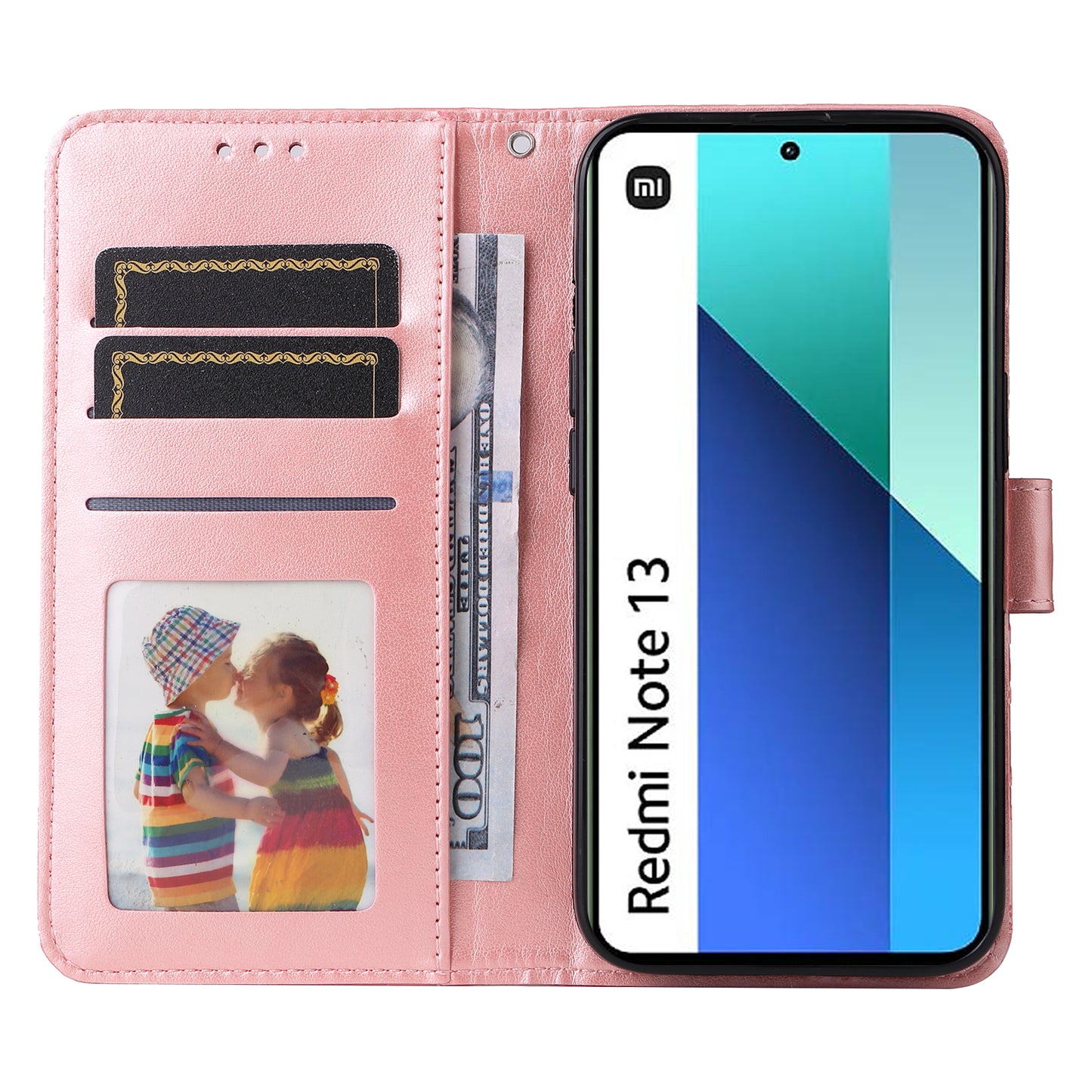 For Xiaomi Redmi Note 13 4G Case Wallet Imprinted Phone Cover with Hand Strap - Pink