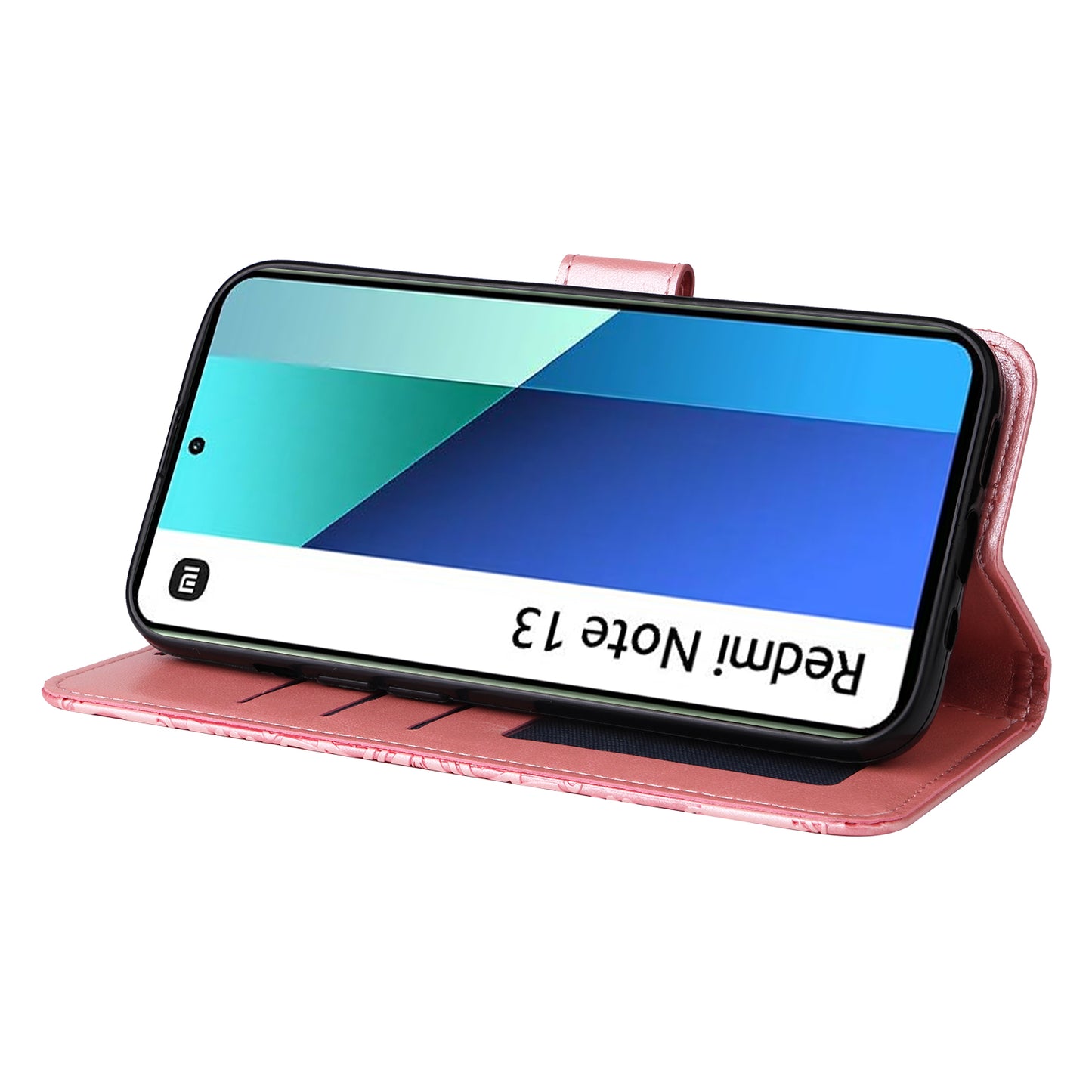 For Xiaomi Redmi Note 13 4G Case Wallet Imprinted Phone Cover with Hand Strap - Pink