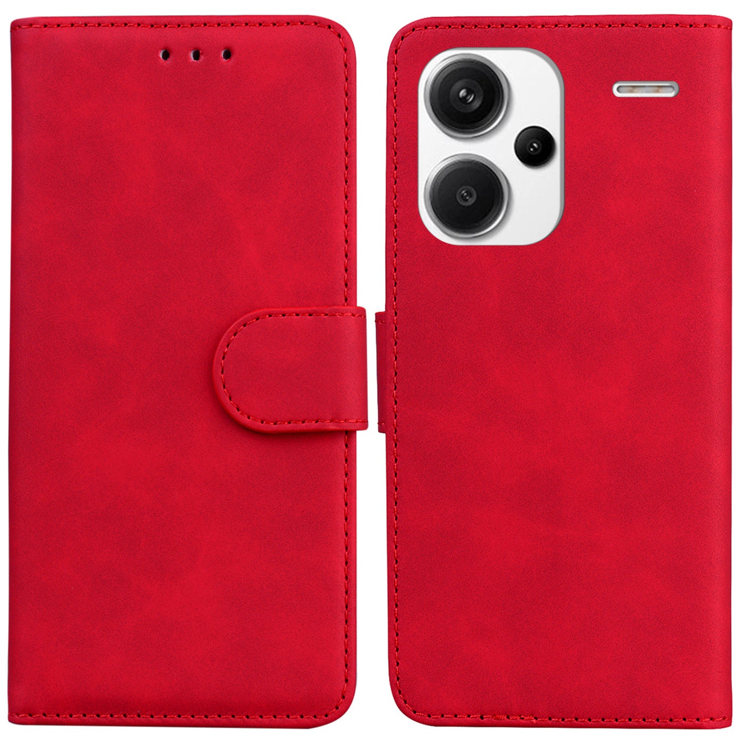 For Xiaomi Redmi Note 13 Pro+ 5G Case Solid Color Leather Phone Cover Stand Card Holder - Red