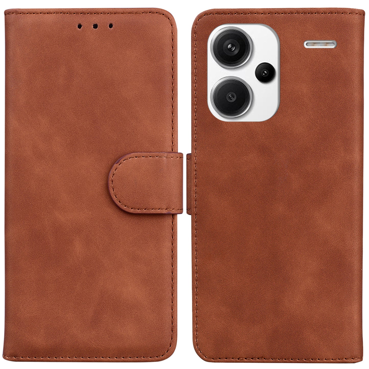 For Xiaomi Redmi Note 13 Pro+ 5G Case Solid Color Leather Phone Cover Stand Card Holder - Brown