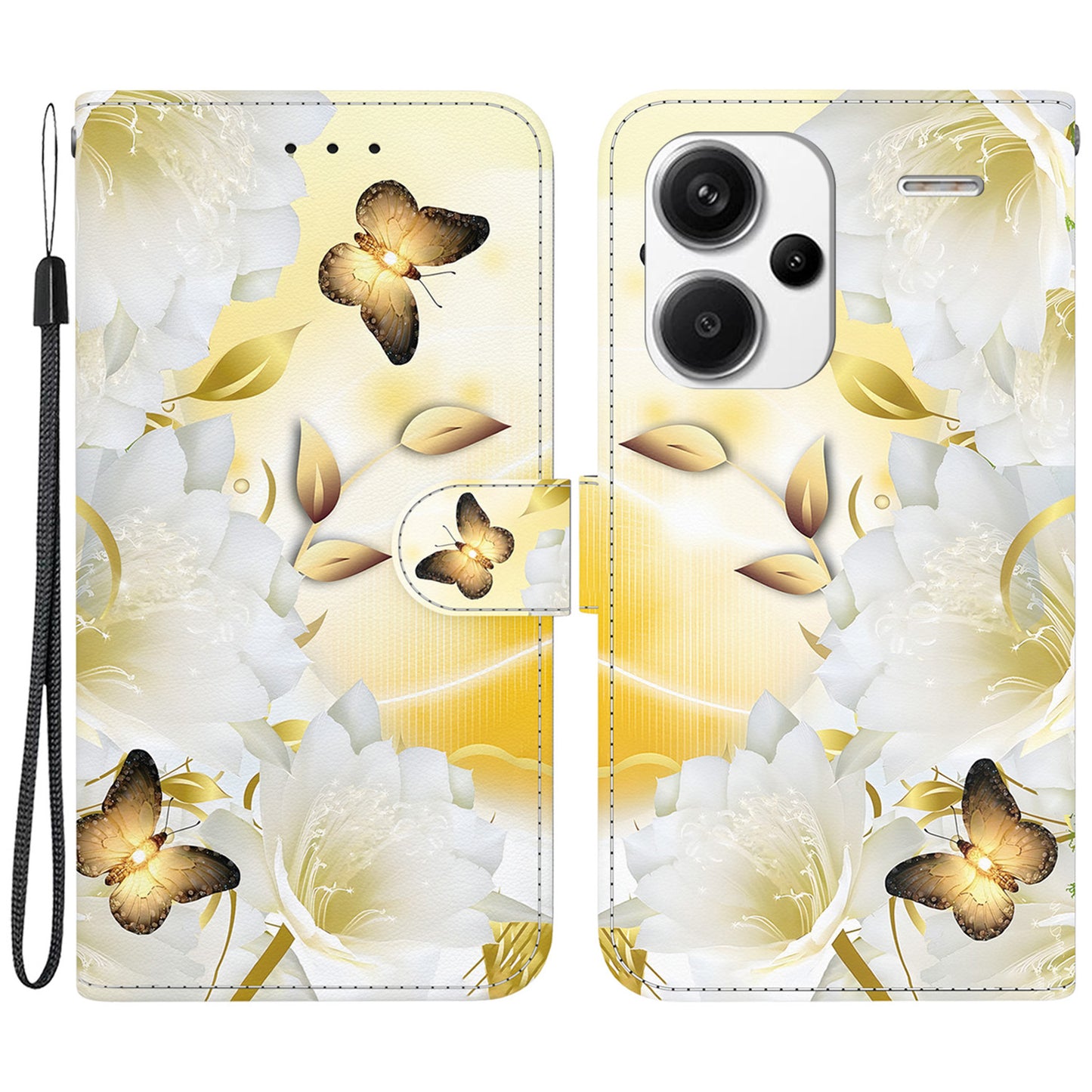 For Xiaomi Redmi Note 13 Pro+ 5G Phone Case Pattern Printing Cover Stand Wrist Strap - Gold Butterfly Flower