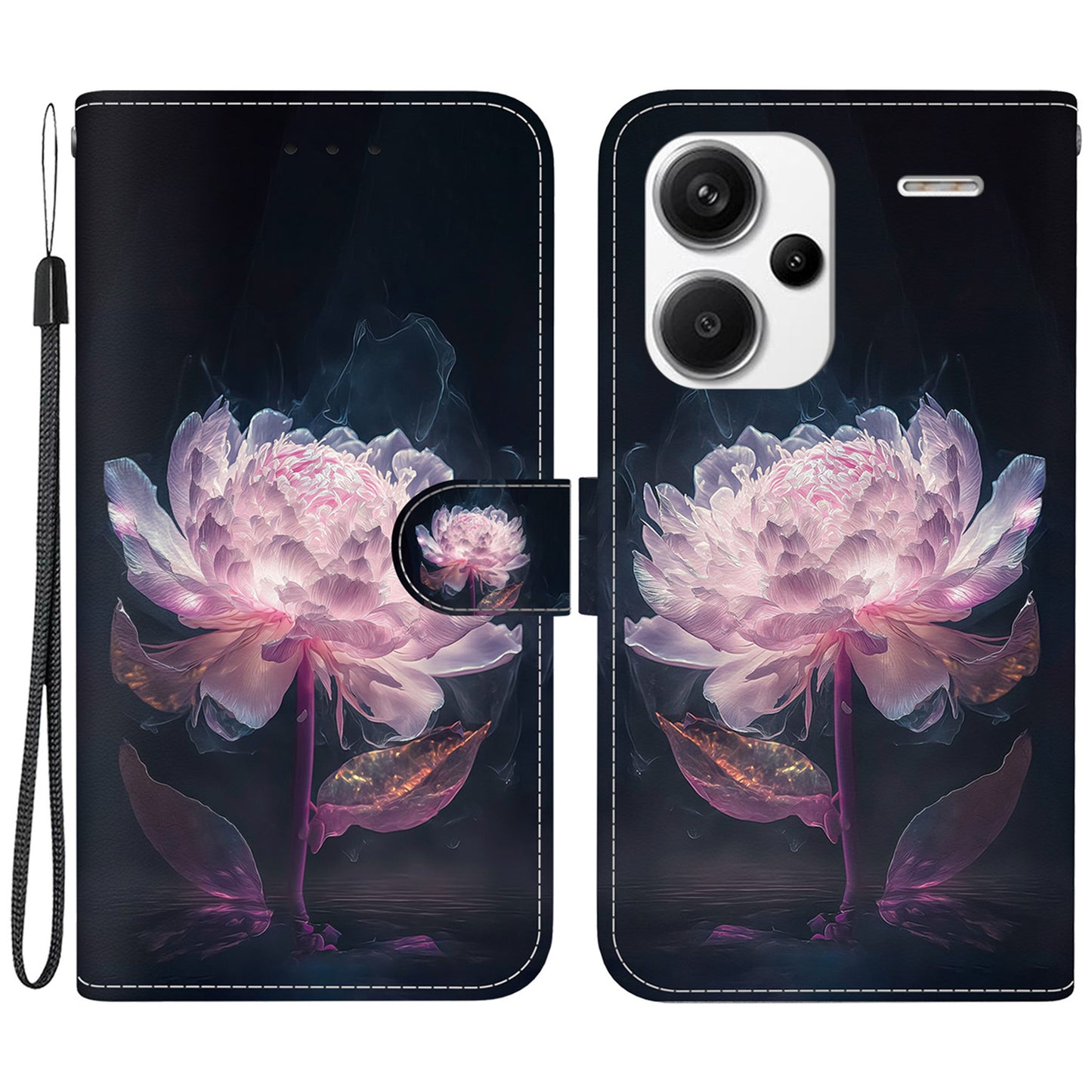 For Xiaomi Redmi Note 13 Pro+ 5G Phone Case Pattern Printing Cover Stand Wrist Strap - Purple Peony