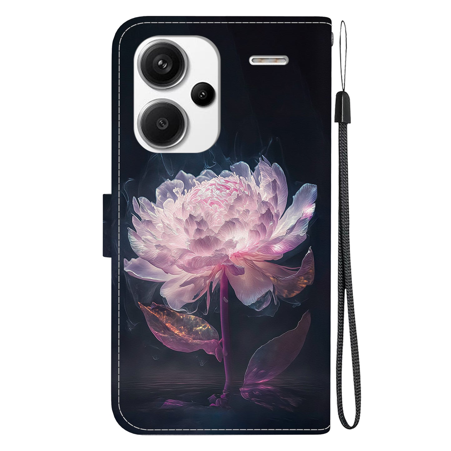 For Xiaomi Redmi Note 13 Pro+ 5G Phone Case Pattern Printing Cover Stand Wrist Strap - Purple Peony