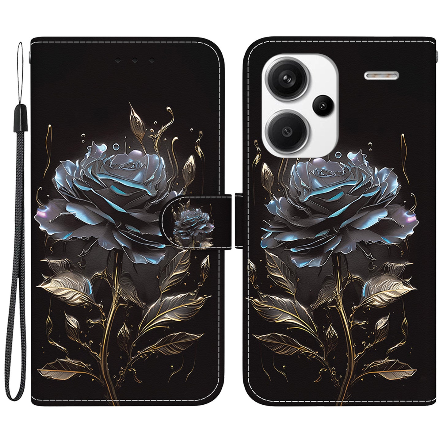 For Xiaomi Redmi Note 13 Pro+ 5G Phone Case Pattern Printing Cover Stand Wrist Strap - Black Rose