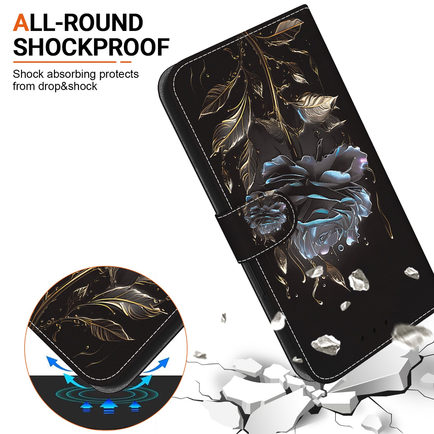 For Xiaomi Redmi Note 13 Pro+ 5G Phone Case Pattern Printing Cover Stand Wrist Strap - Black Rose