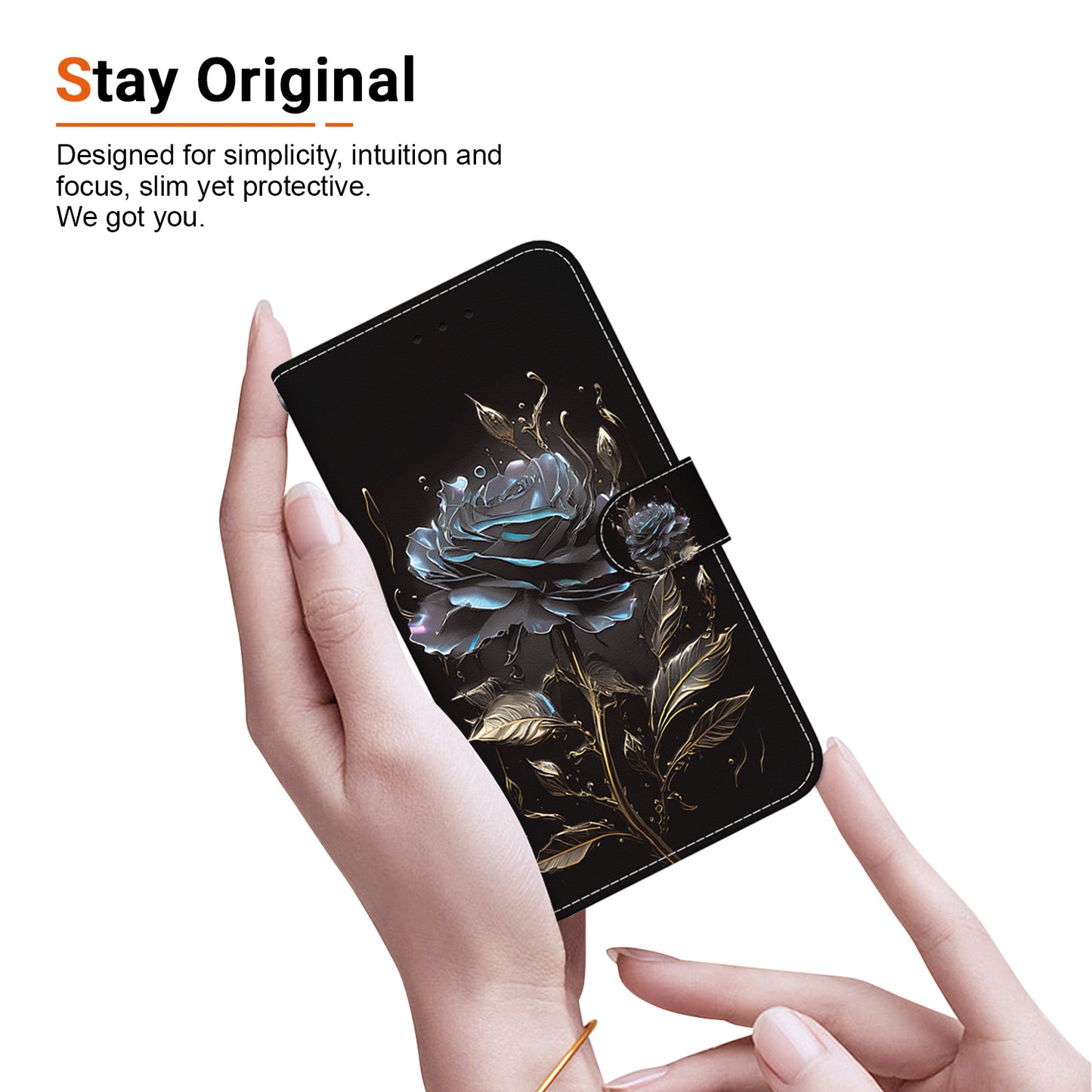 For Xiaomi Redmi Note 13 Pro+ 5G Phone Case Pattern Printing Cover Stand Wrist Strap - Black Rose