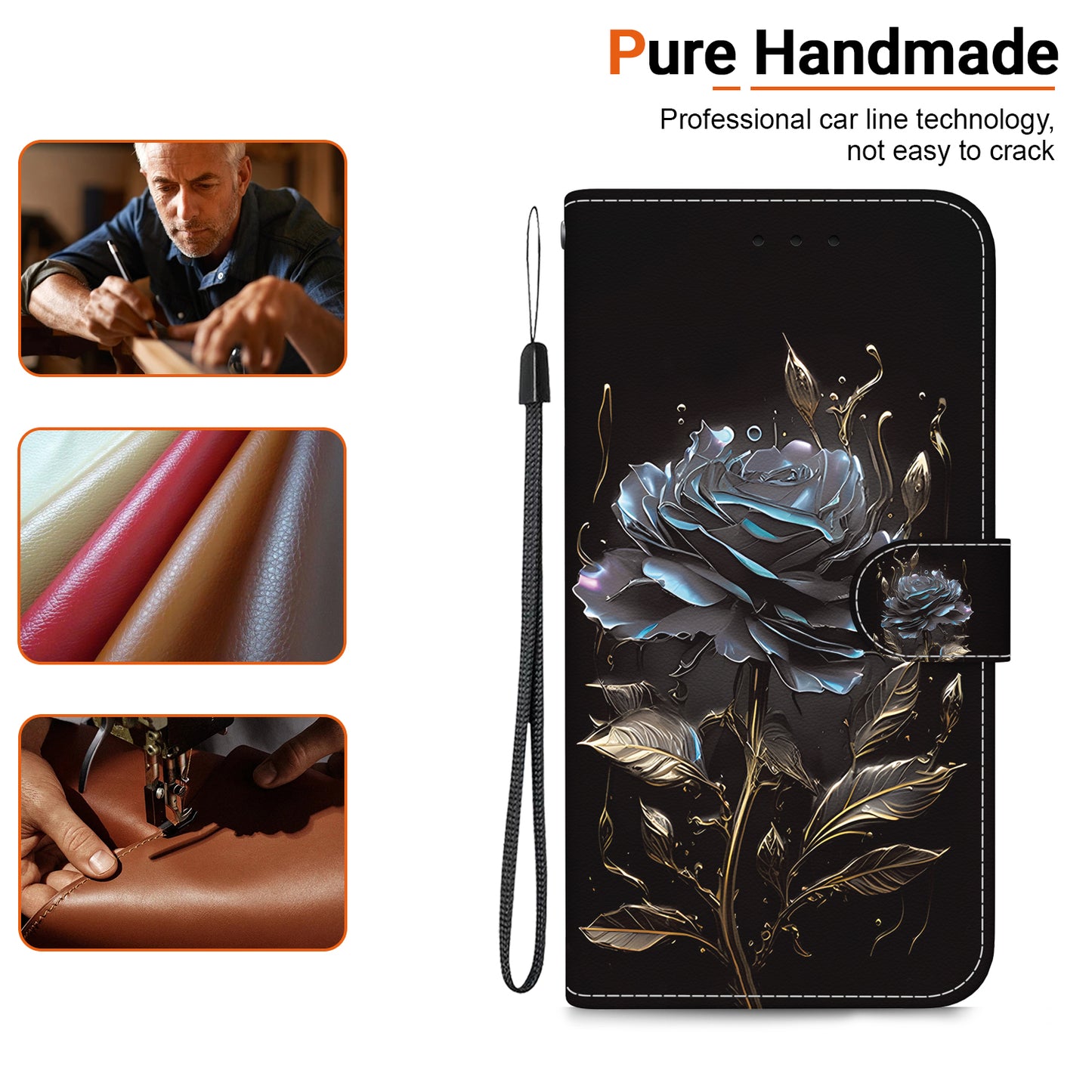 For Xiaomi Redmi Note 13 Pro+ 5G Phone Case Pattern Printing Cover Stand Wrist Strap - Black Rose