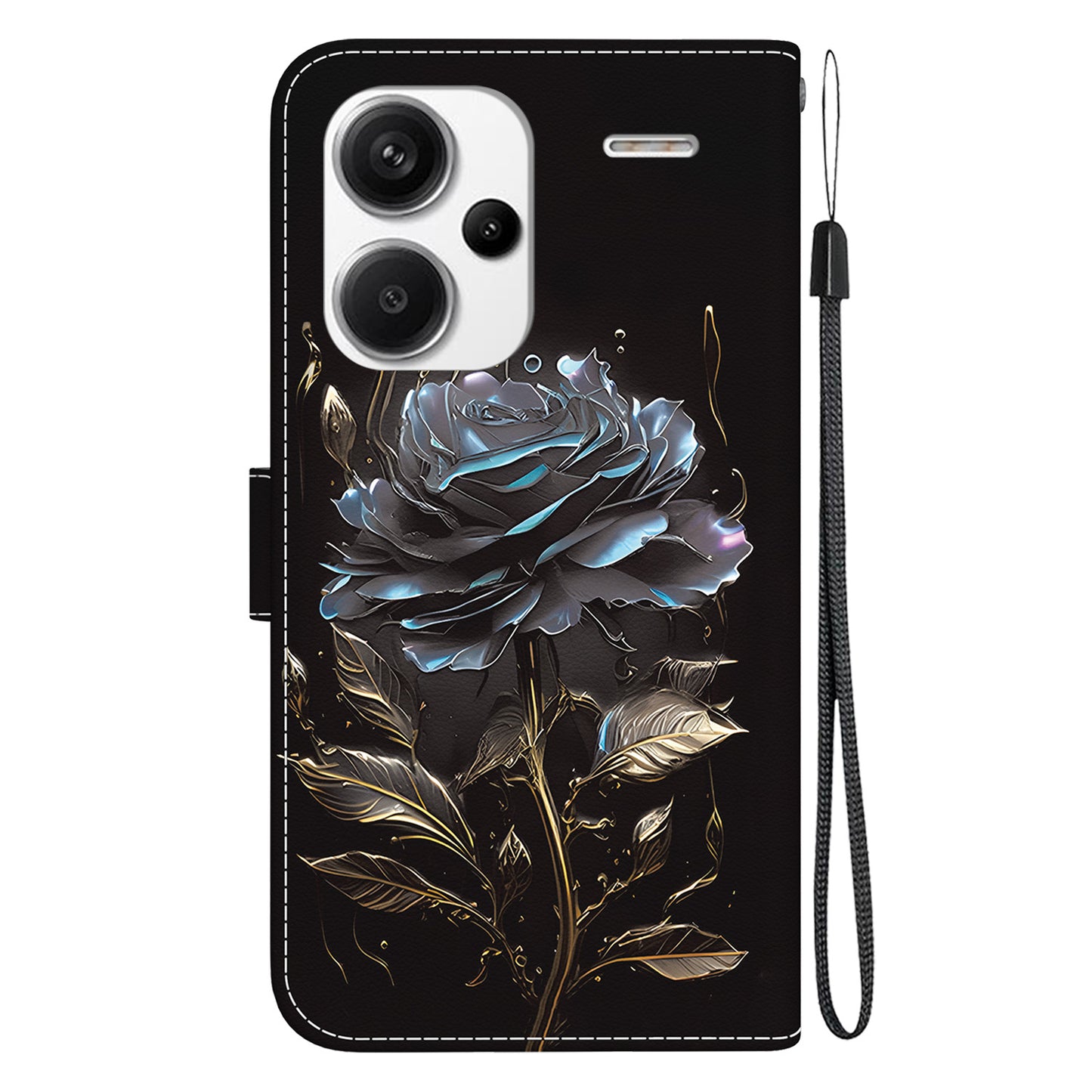 For Xiaomi Redmi Note 13 Pro+ 5G Phone Case Pattern Printing Cover Stand Wrist Strap - Black Rose