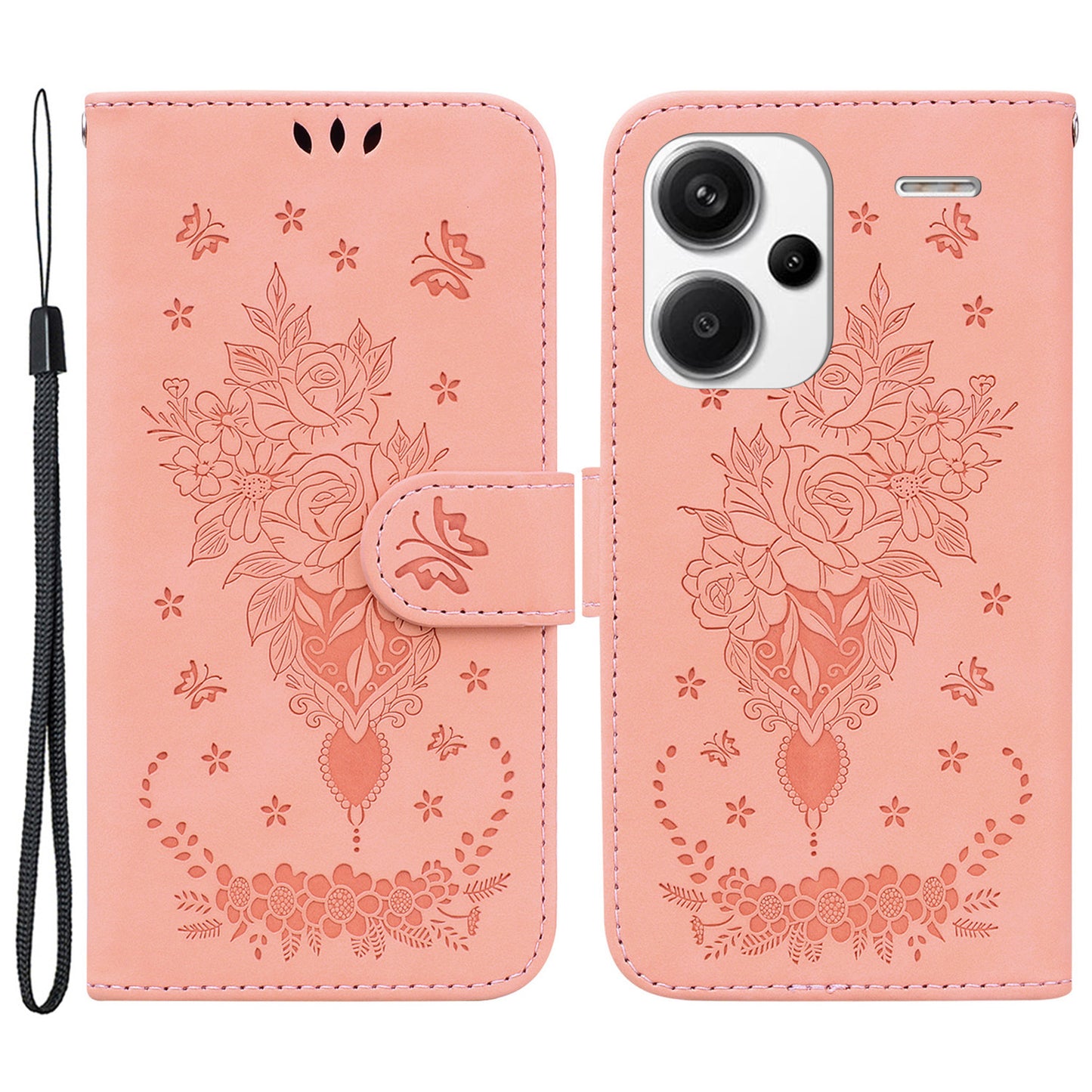 For Xiaomi Redmi Note 13 Pro+ 5G Magnetic Phone Case Rose Butterfly Imprinted Cover - Pink