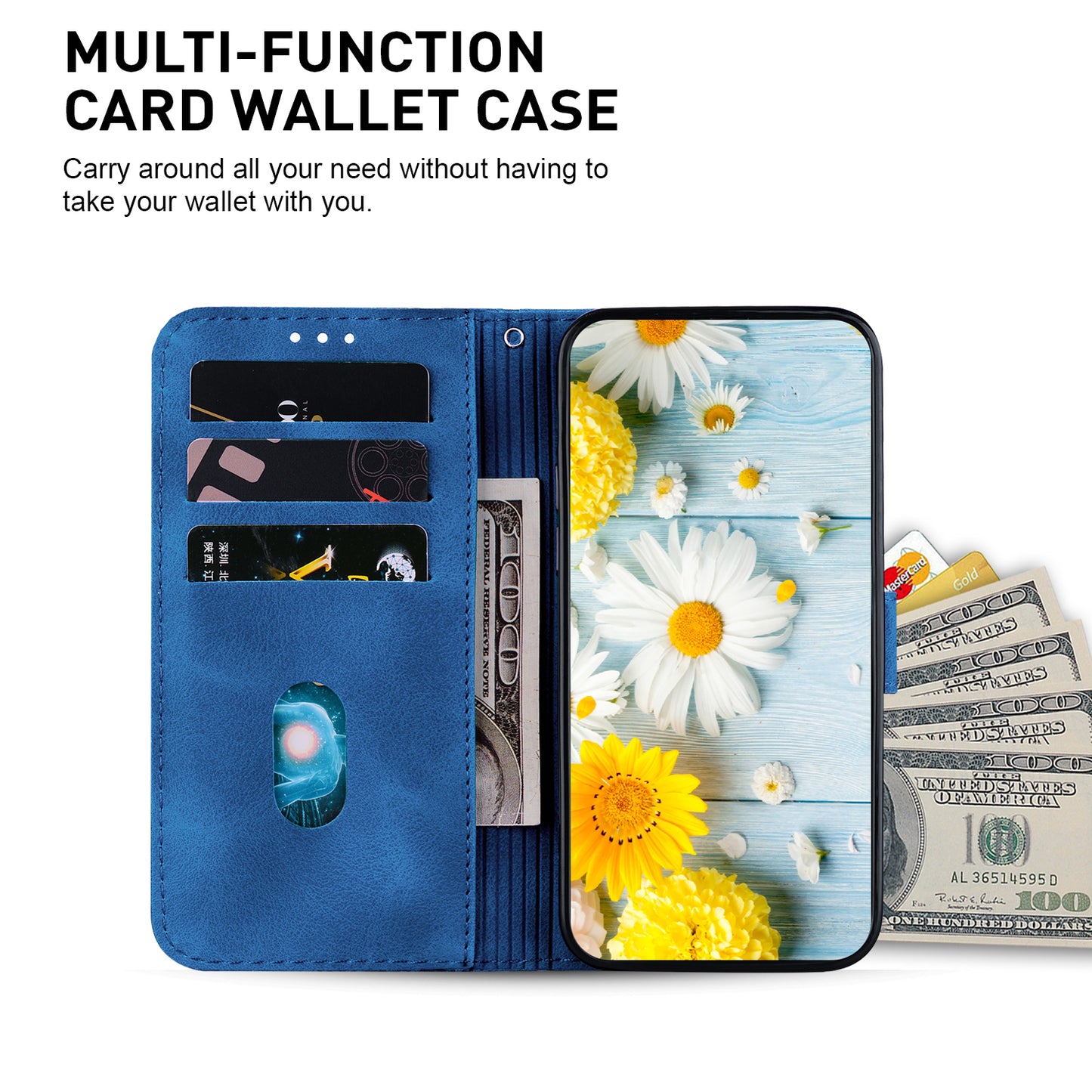 For Xiaomi Redmi Note 13 Pro 5G / Poco X6 5G Phone Cover Flower Wallet Leather Case with Card Holder - Dark Blue