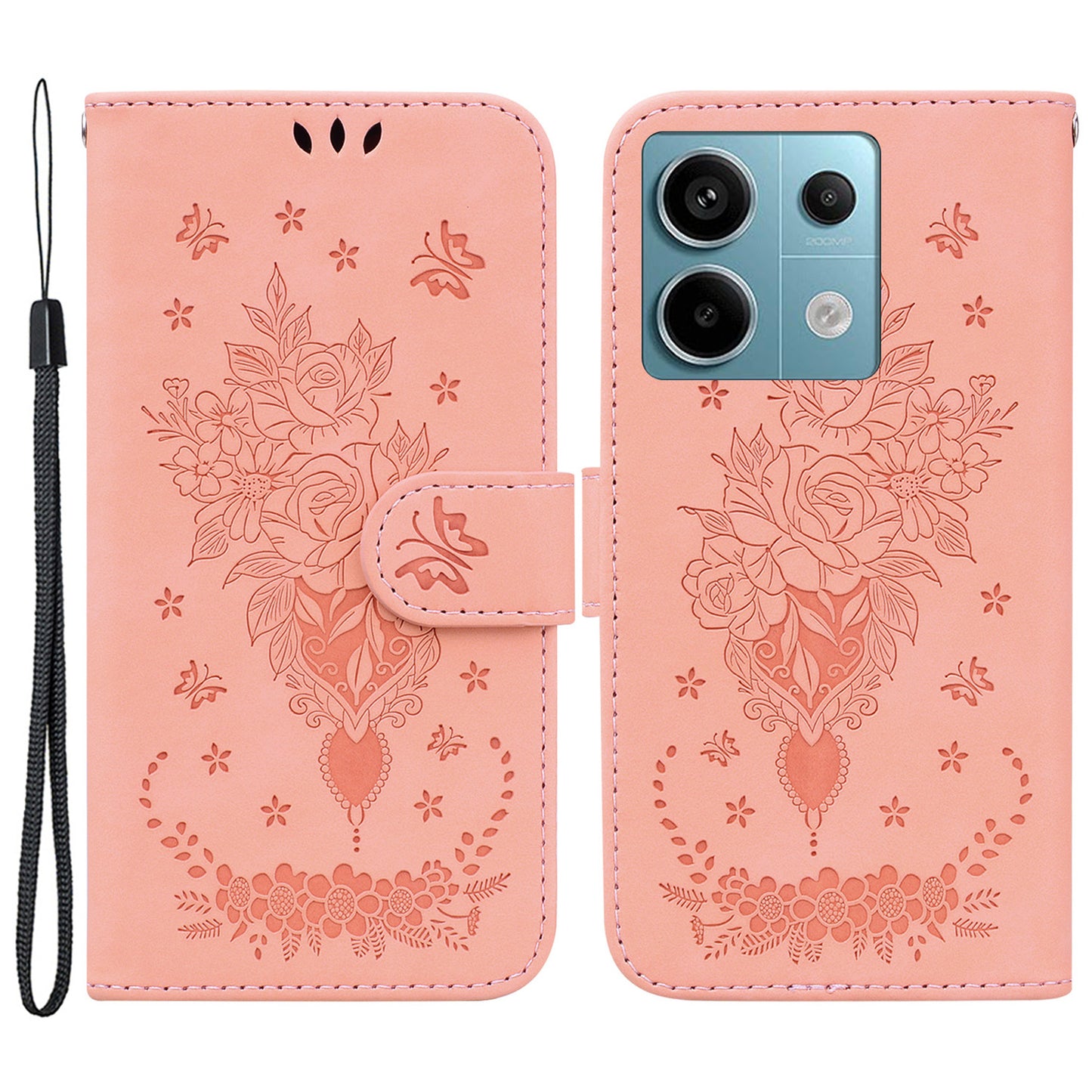 For Xiaomi Redmi Note 13 Pro 5G / Poco X6 5G Case Imprinted Rose Butterfly Phone Stand Cover - Pink