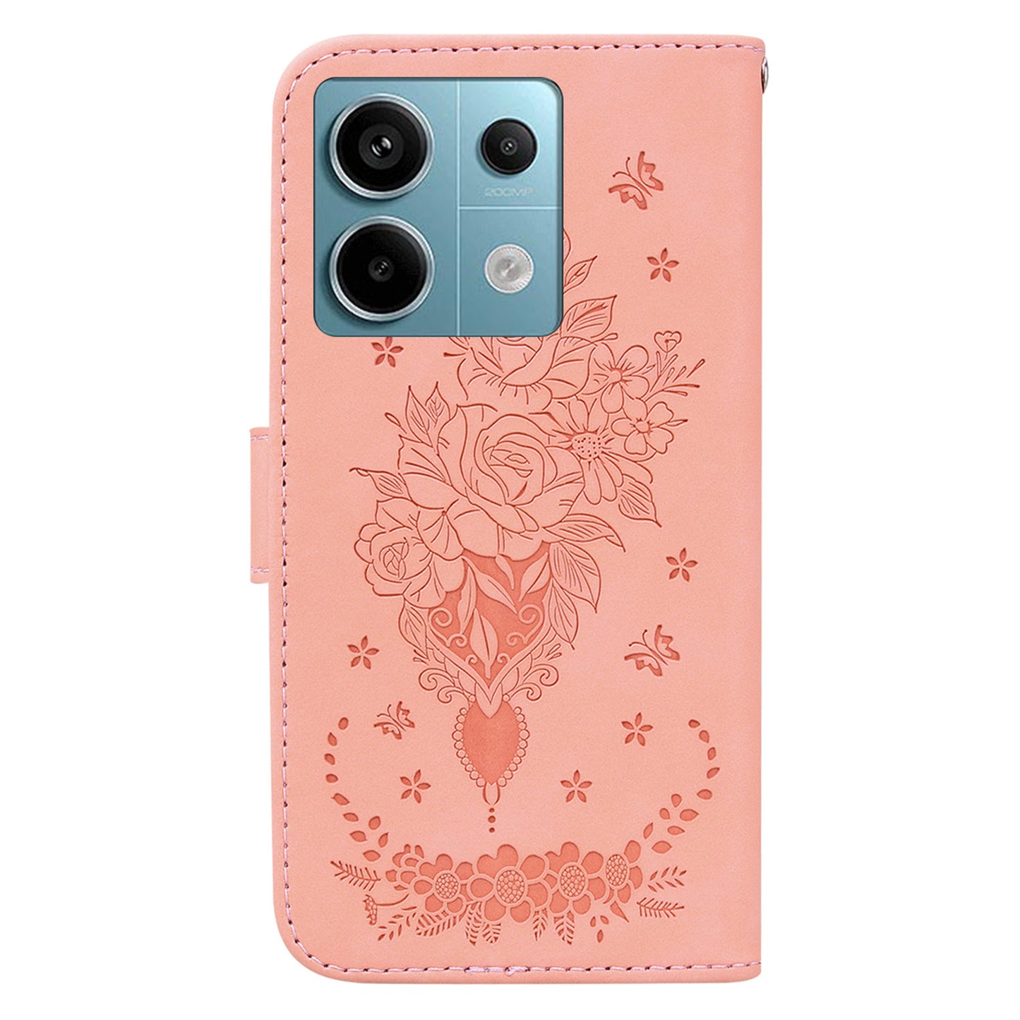 For Xiaomi Redmi Note 13 Pro 5G / Poco X6 5G Case Imprinted Rose Butterfly Phone Stand Cover - Pink