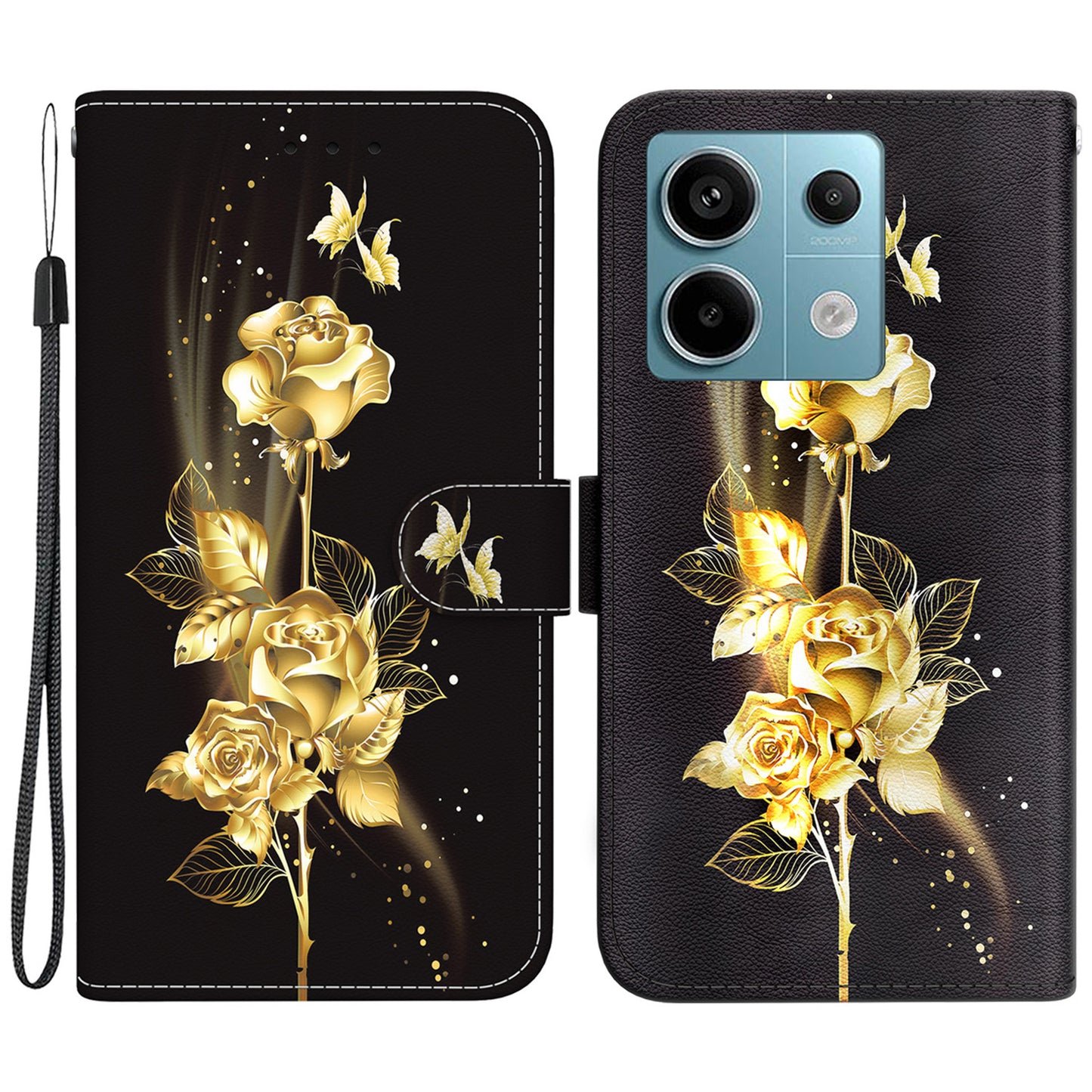 For Xiaomi Redmi Note 13 Pro 5G / Poco X6 5G Wallet Case Phone Leather Cover Pattern Printing - Gold Butterfly Rose