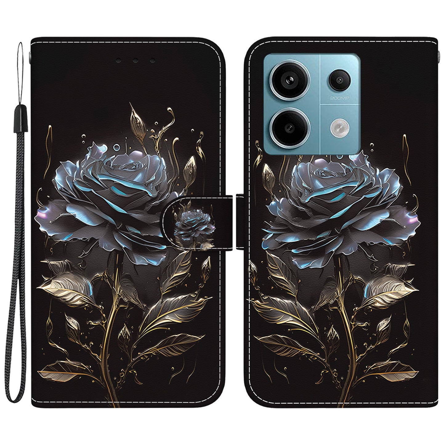 For Xiaomi Redmi Note 13 Pro 5G / Poco X6 5G Wallet Case Phone Leather Cover Pattern Printing - Black Rose