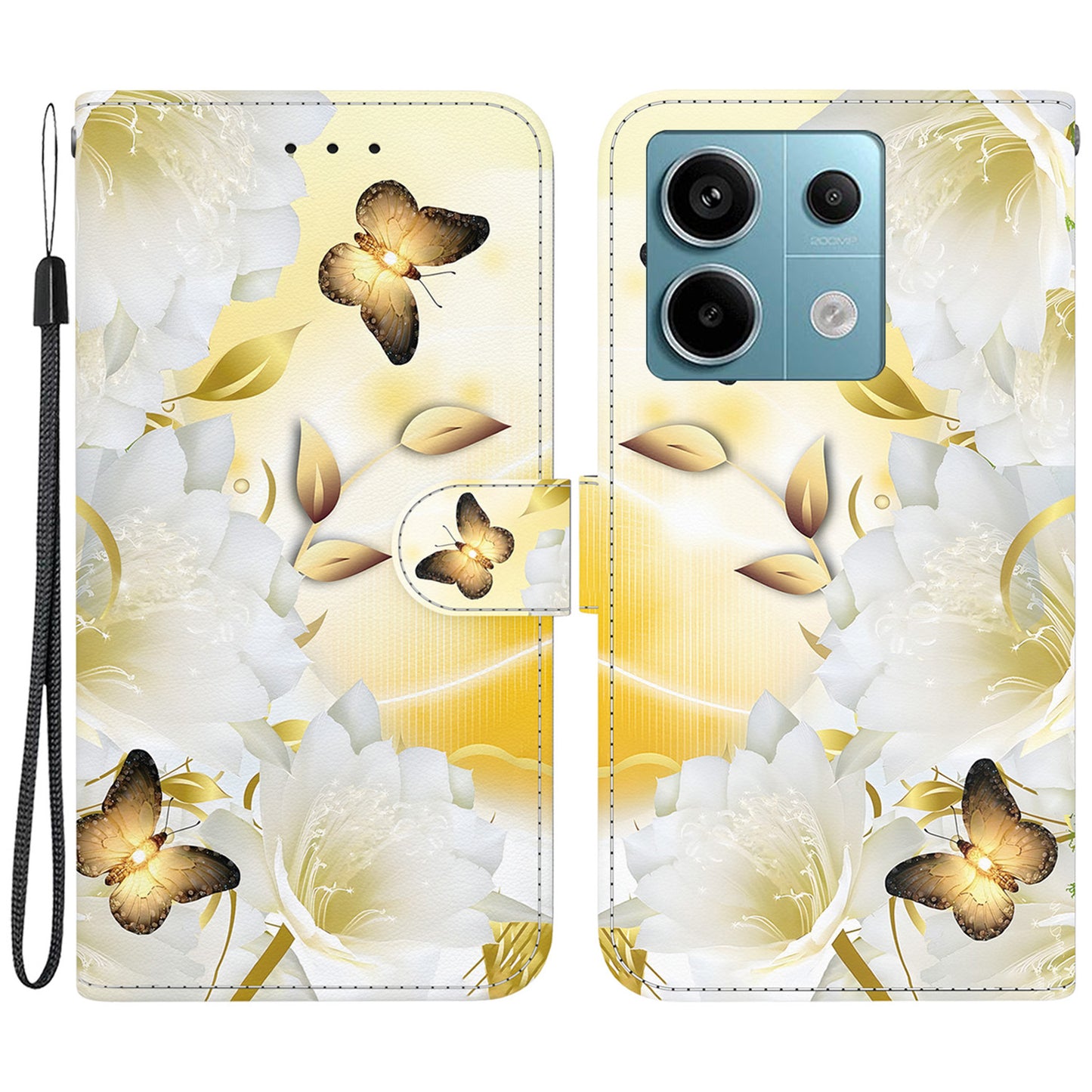 For Xiaomi Redmi Note 13 Pro 5G / Poco X6 5G Wallet Case Phone Leather Cover Pattern Printing - Gold Butterfly Flower