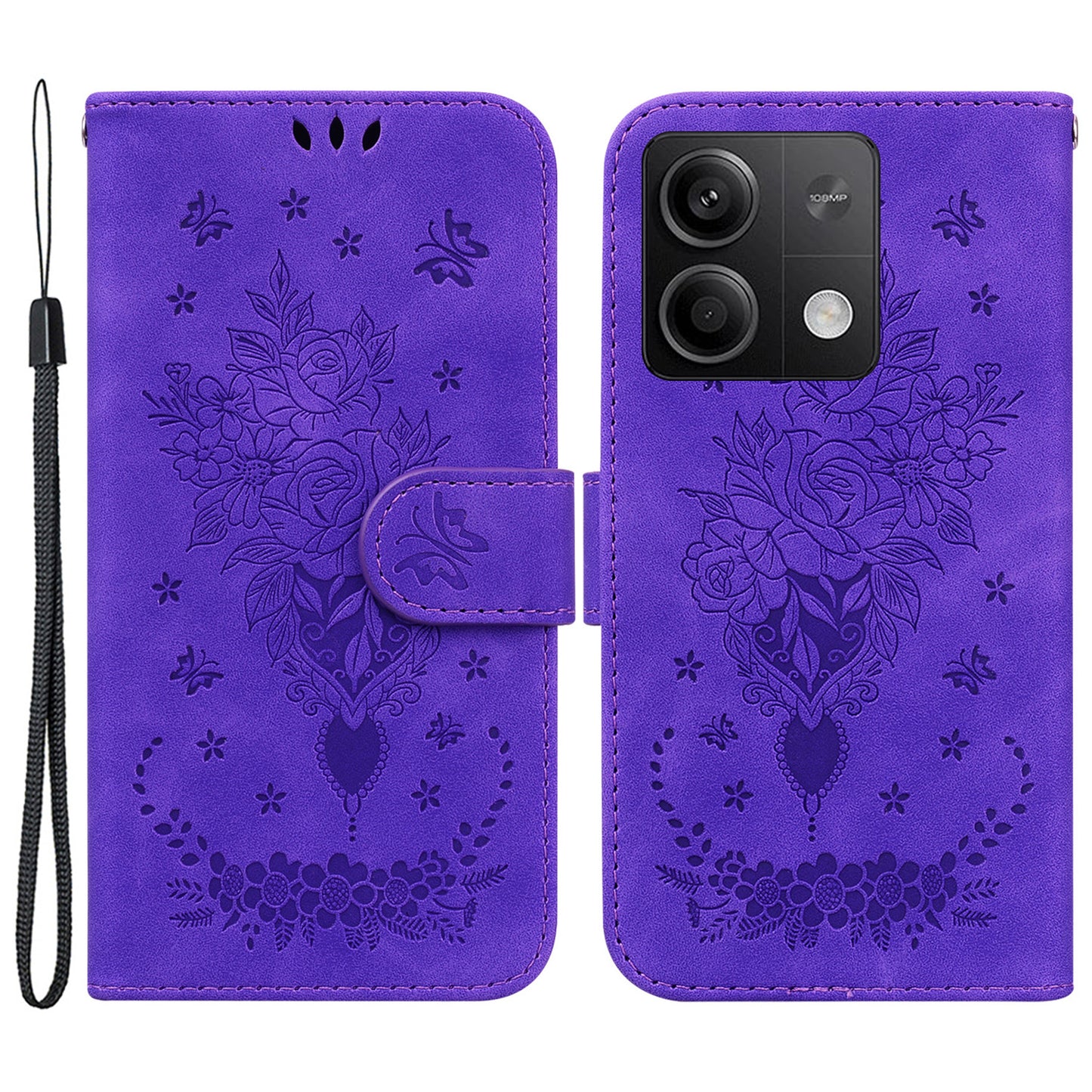 For Xiaomi Redmi Note 13 5G / 13 5G (China) Case Rose Butterfly Imprinted Card Holder Phone Cover - Purple