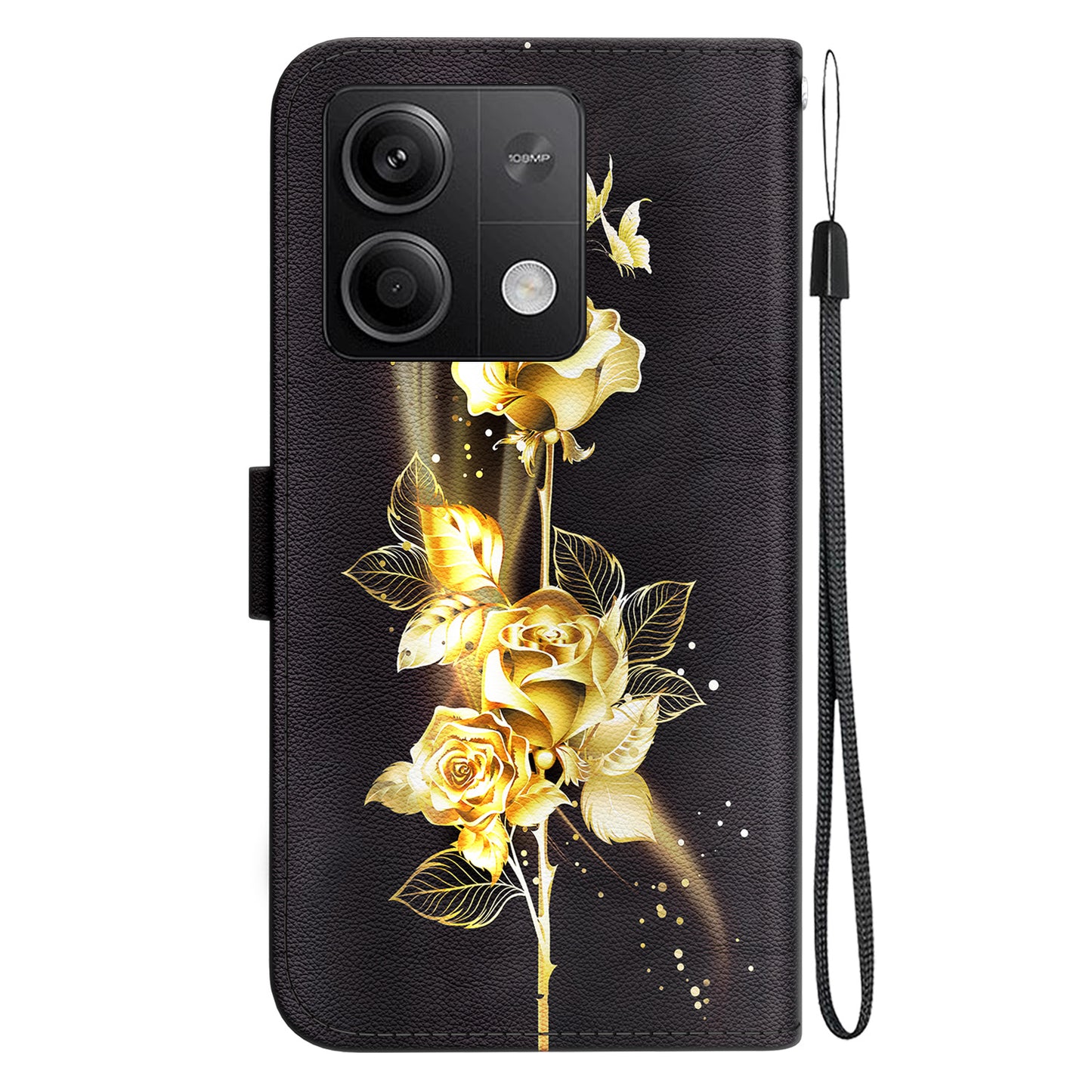 For Xiaomi Redmi Note 13 5G (China) / Note 13 5G Leather Case Pattern Printing Wallet Cover - Gold Butterfly Rose