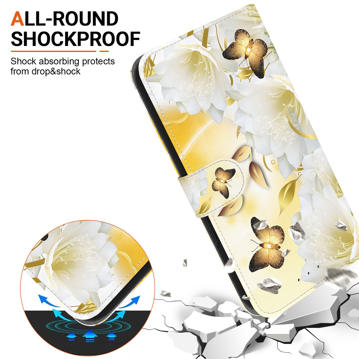 For Xiaomi Redmi Note 13 5G (China) / Note 13 5G Leather Case Pattern Printing Wallet Cover - Gold Butterfly Flower