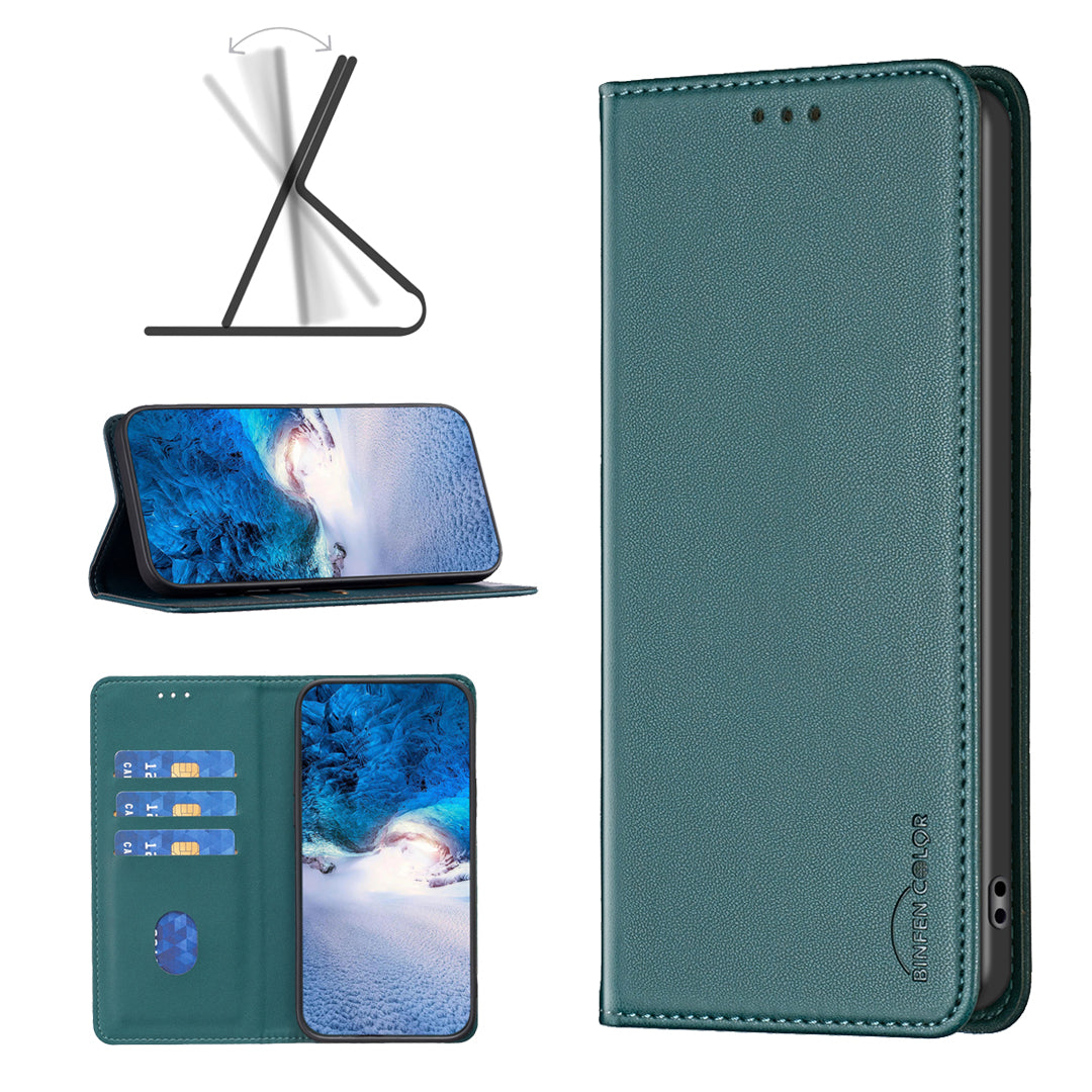 BINFEN COLOR BF18 For Xiaomi Redmi Note 13 Pro+ 5G Leather Phone Case Cover with Card Holder Stand - Green