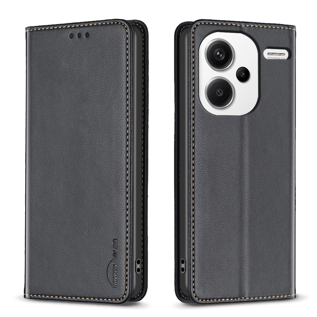 BINFEN COLOR BF18 For Xiaomi Redmi Note 13 Pro+ 5G Leather Phone Case Cover with Card Holder Stand - Black
