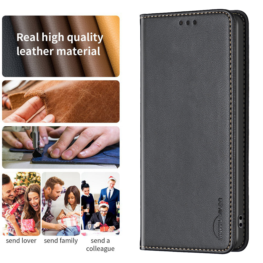 BINFEN COLOR BF18 For Xiaomi Redmi Note 13 Pro+ 5G Leather Phone Case Cover with Card Holder Stand - Black