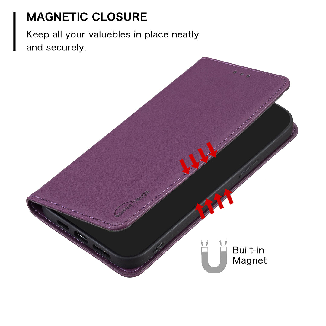 BINFEN COLOR BF18 For Xiaomi Redmi Note 13 Pro+ 5G Leather Phone Case Cover with Card Holder Stand - Dark Purple