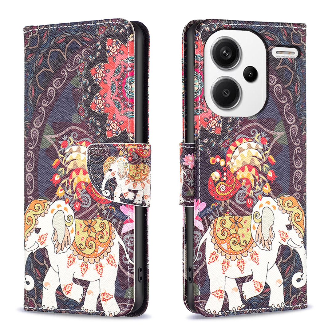 For Xiaomi Redmi Note 13 Pro+ 5G Case Wallet Leather Cover Pattern Printing - Flower and Elephant