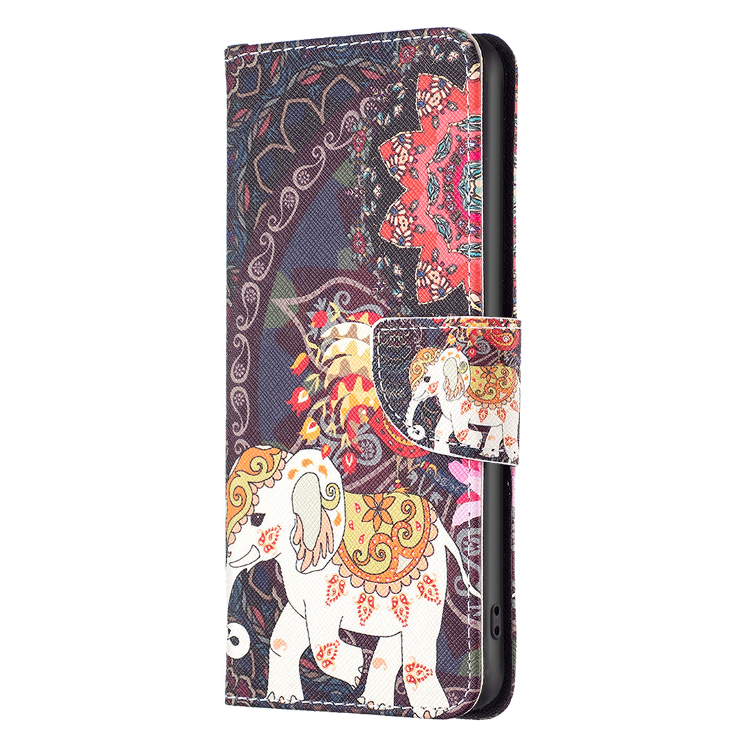 For Xiaomi Redmi Note 13 Pro+ 5G Case Wallet Leather Cover Pattern Printing - Flower and Elephant