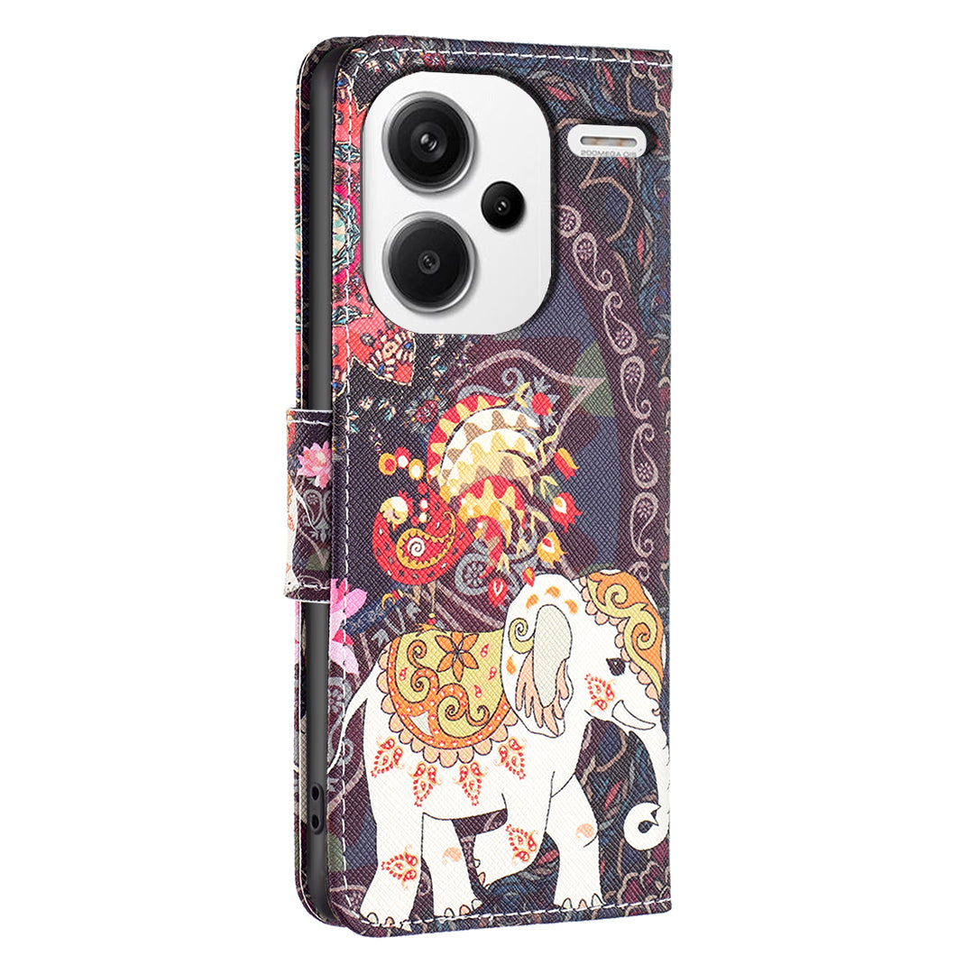 For Xiaomi Redmi Note 13 Pro+ 5G Case Wallet Leather Cover Pattern Printing - Flower and Elephant