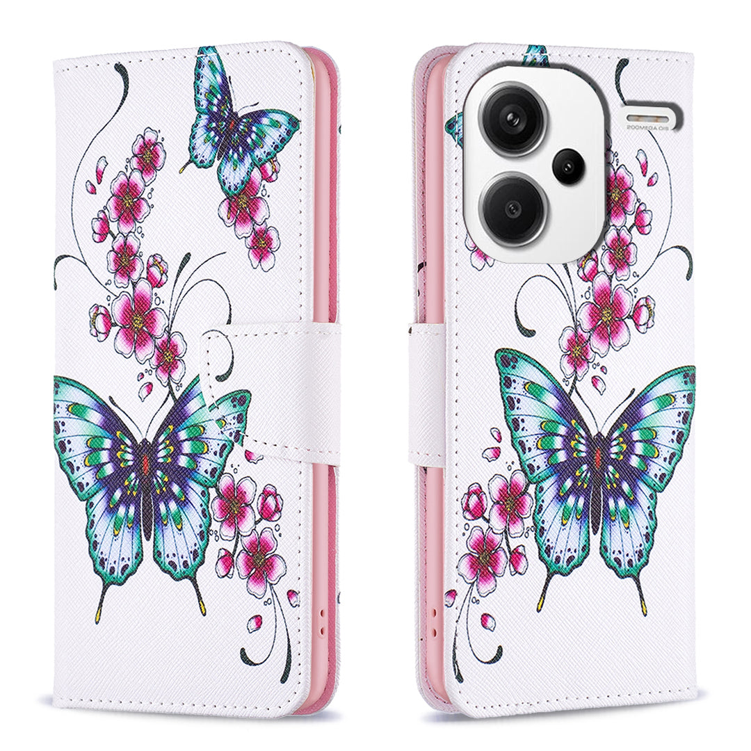 For Xiaomi Redmi Note 13 Pro+ 5G Case Wallet Leather Cover Pattern Printing - Peach Blossom and Butterflies