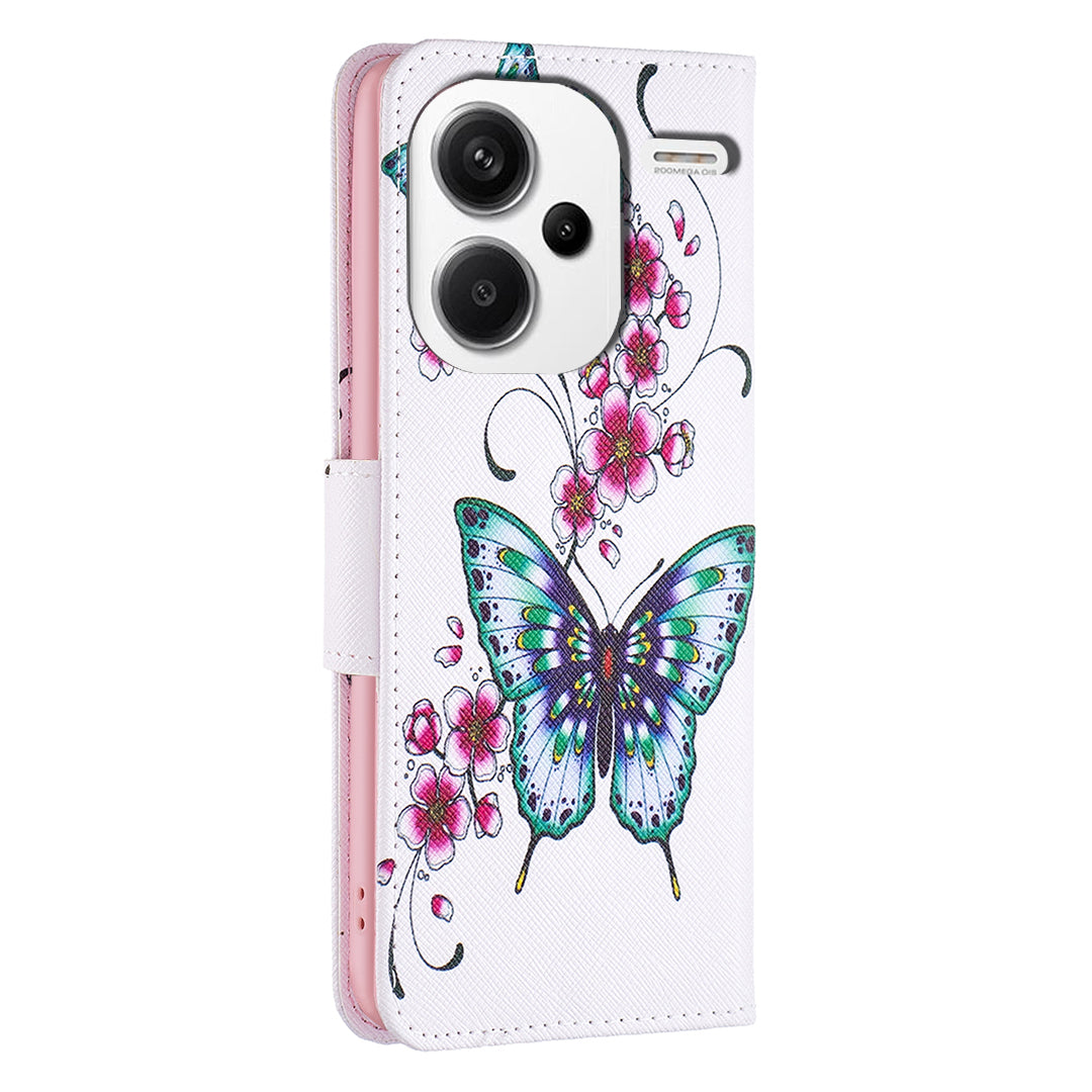 For Xiaomi Redmi Note 13 Pro+ 5G Case Wallet Leather Cover Pattern Printing - Peach Blossom and Butterflies
