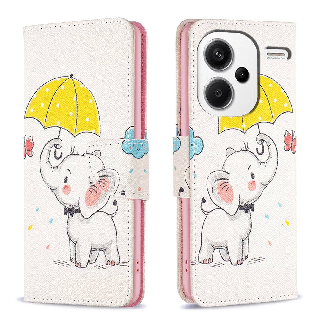 For Xiaomi Redmi Note 13 Pro+ 5G Case Wallet Leather Cover Pattern Printing - Umbrella and Elephant