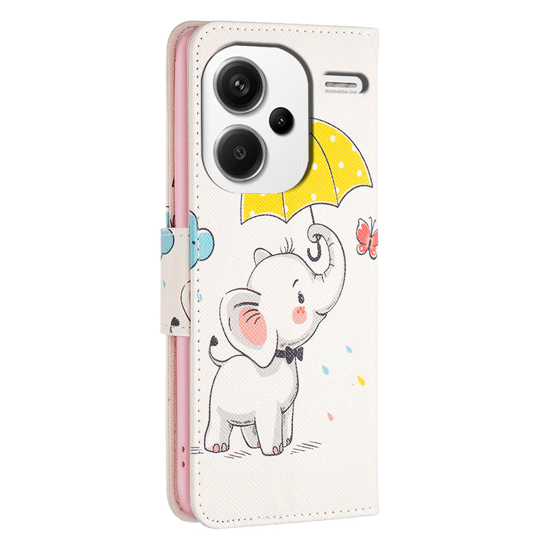 For Xiaomi Redmi Note 13 Pro+ 5G Case Wallet Leather Cover Pattern Printing - Umbrella and Elephant