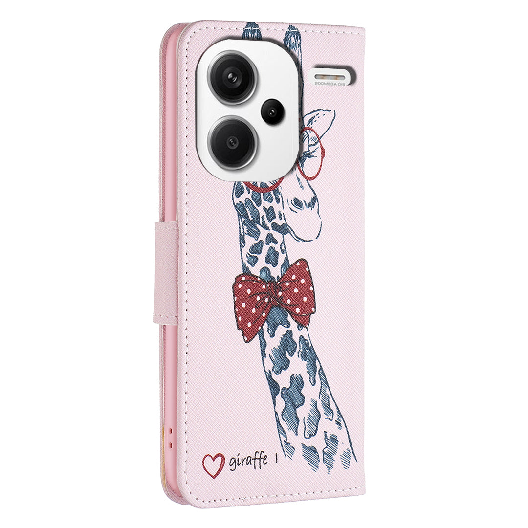 For Xiaomi Redmi Note 13 Pro+ 5G Case with Card Holder PU Leather Pattern Printed Phone Cover - Giraffe
