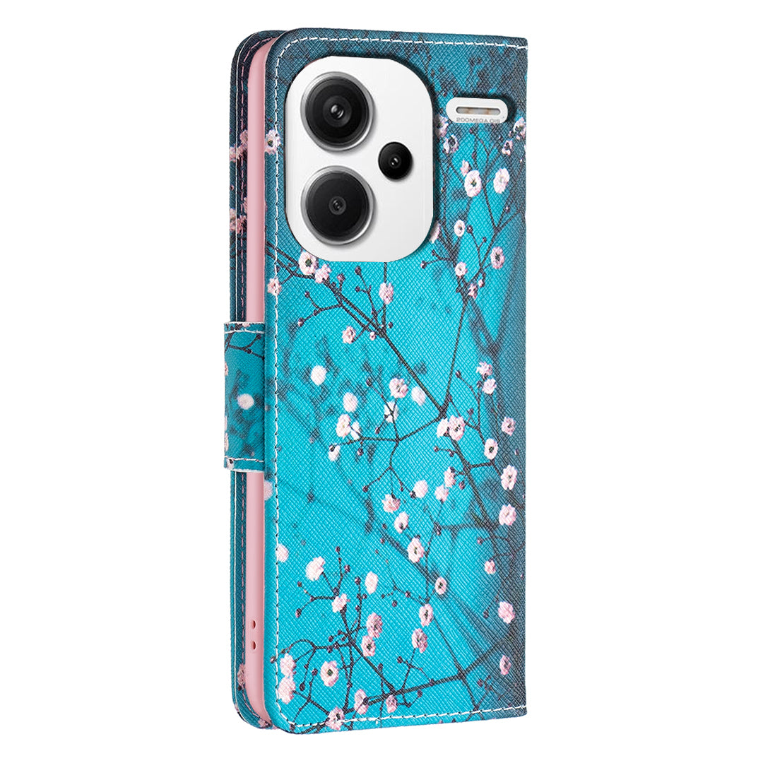 For Xiaomi Redmi Note 13 Pro+ 5G Case with Card Holder PU Leather Pattern Printed Phone Cover - Plum Blossom