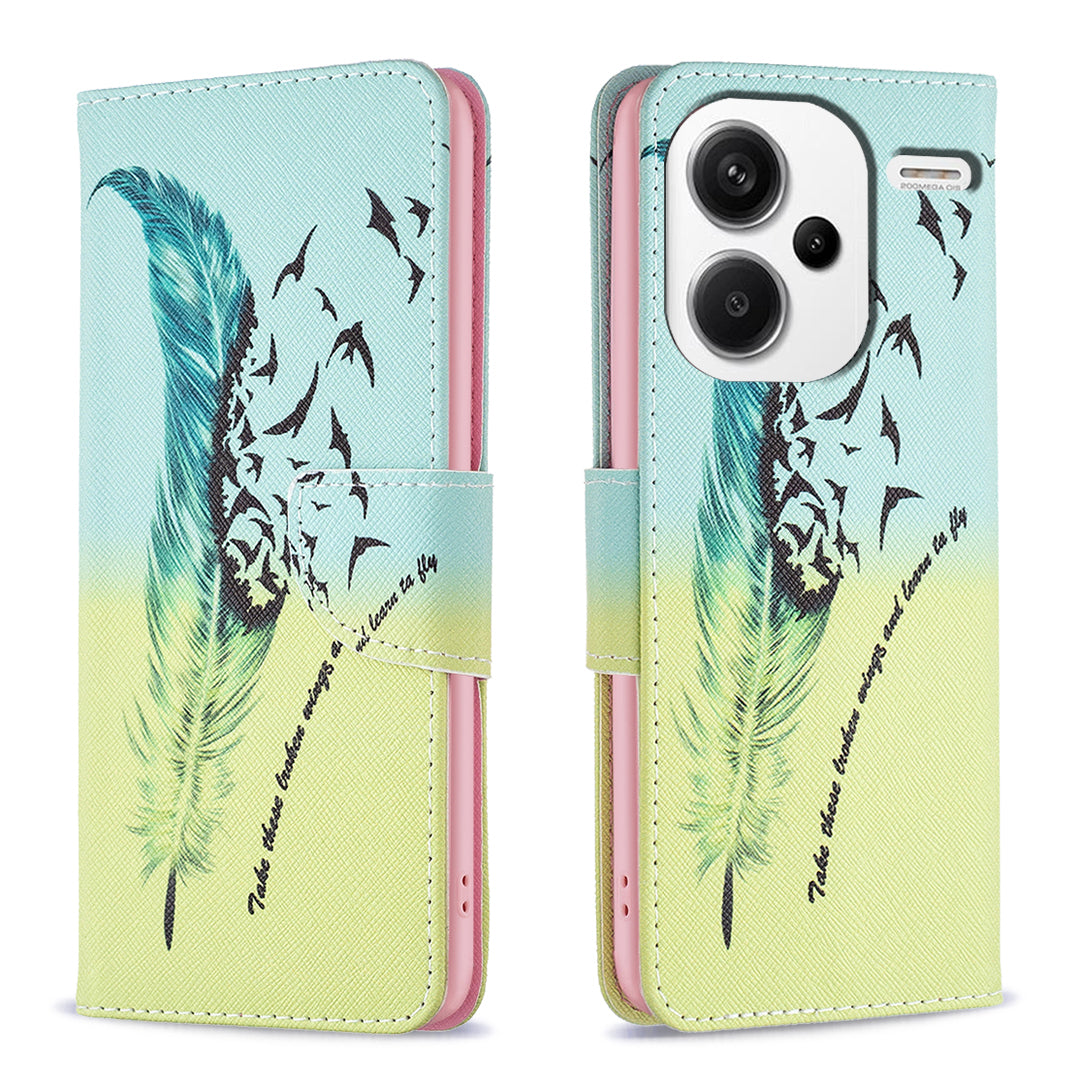 For Xiaomi Redmi Note 13 Pro+ 5G Case with Card Holder PU Leather Pattern Printed Phone Cover - Feather and Birds