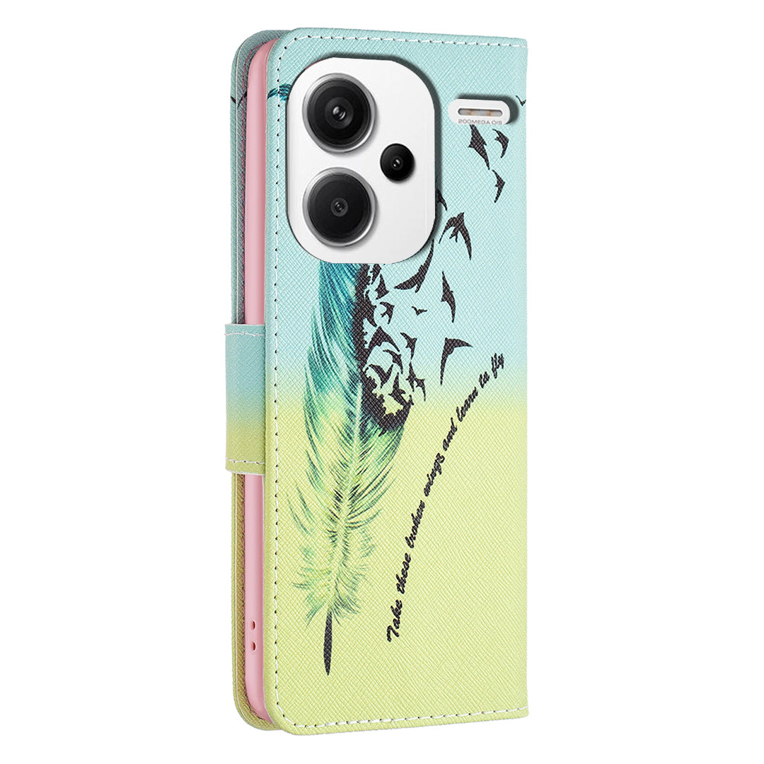For Xiaomi Redmi Note 13 Pro+ 5G Case with Card Holder PU Leather Pattern Printed Phone Cover - Feather and Birds