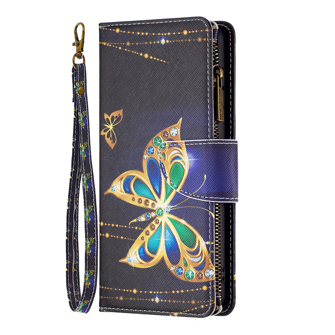 BF03 For Xiaomi Redmi Note 13 Pro+ 5G Wallet Case Pattern Zipper Pocket Handbag PU Leather Phone Cover - Rhinestone Butterfly